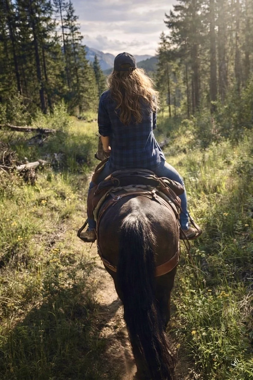 A woman with long hair, wearing a cap, riding a horse through a lush forest trail with mountains in the background during late afternoon or early evening.