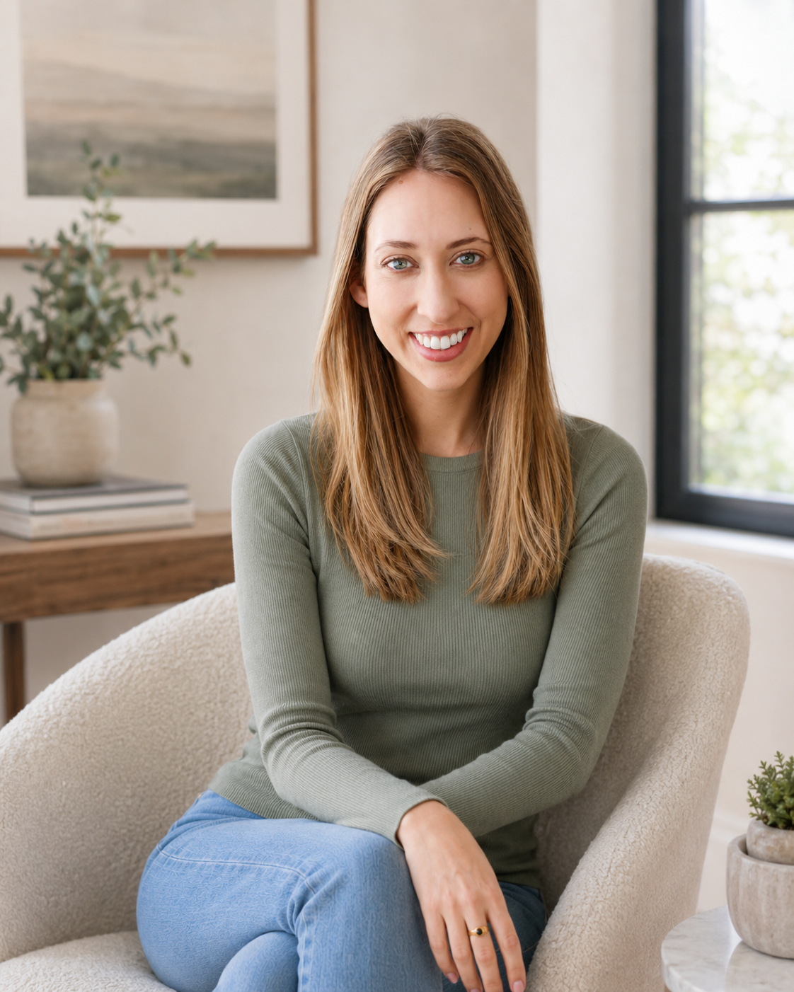 A smiling woman with long brown hair, wearing a green long sleeve shirt and light blue pants, sits on a beige chair in a well-lit room with a large window, a potted plant, and artwork on the wall.