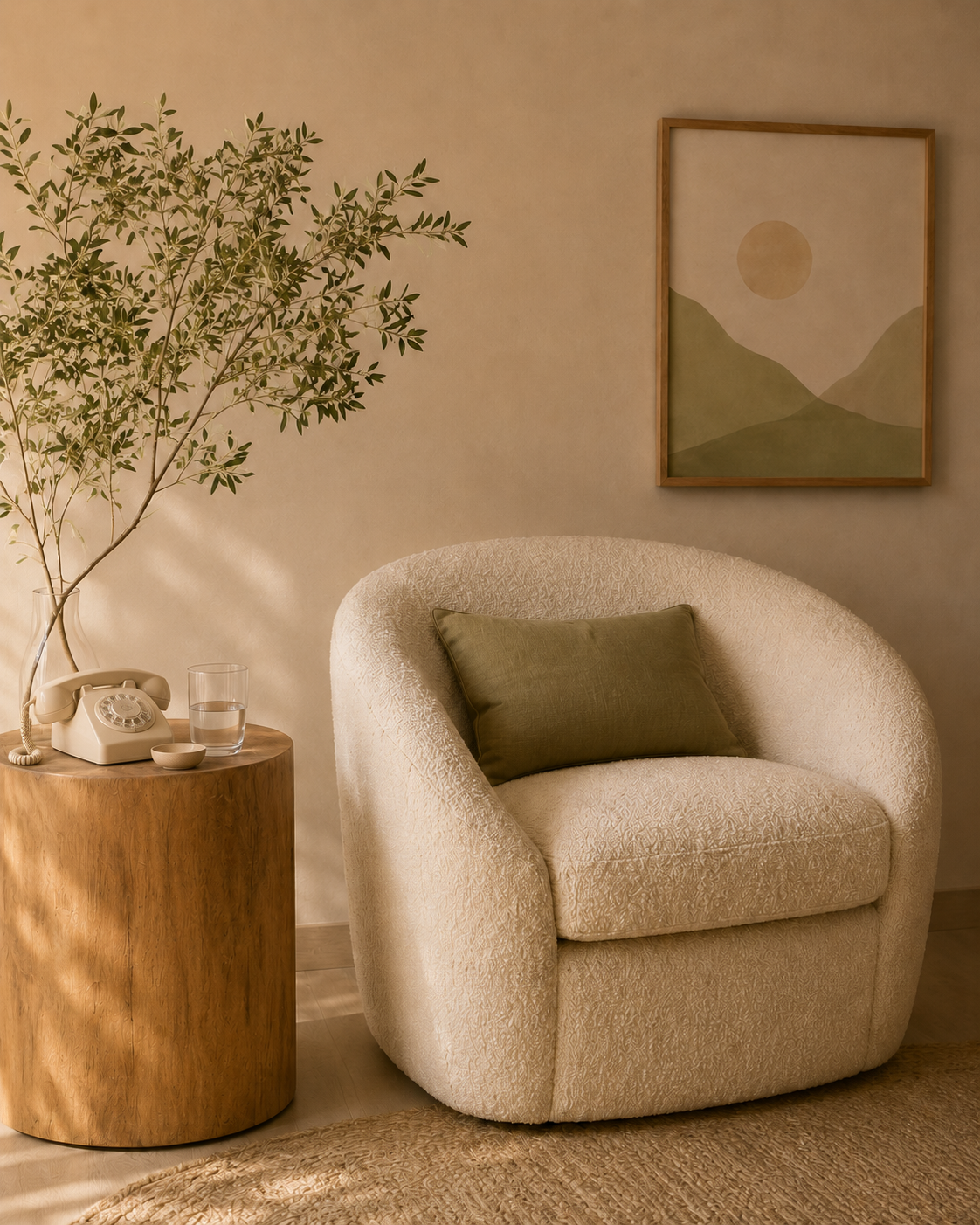 A cozy living room corner featuring a textured cream armchair with a green pillow, a wooden side table with a vintage rotary phone, a glass of water, and a bowl, a potted plant on the table, wall art of abstract mountains and a sun, and a beige rug.