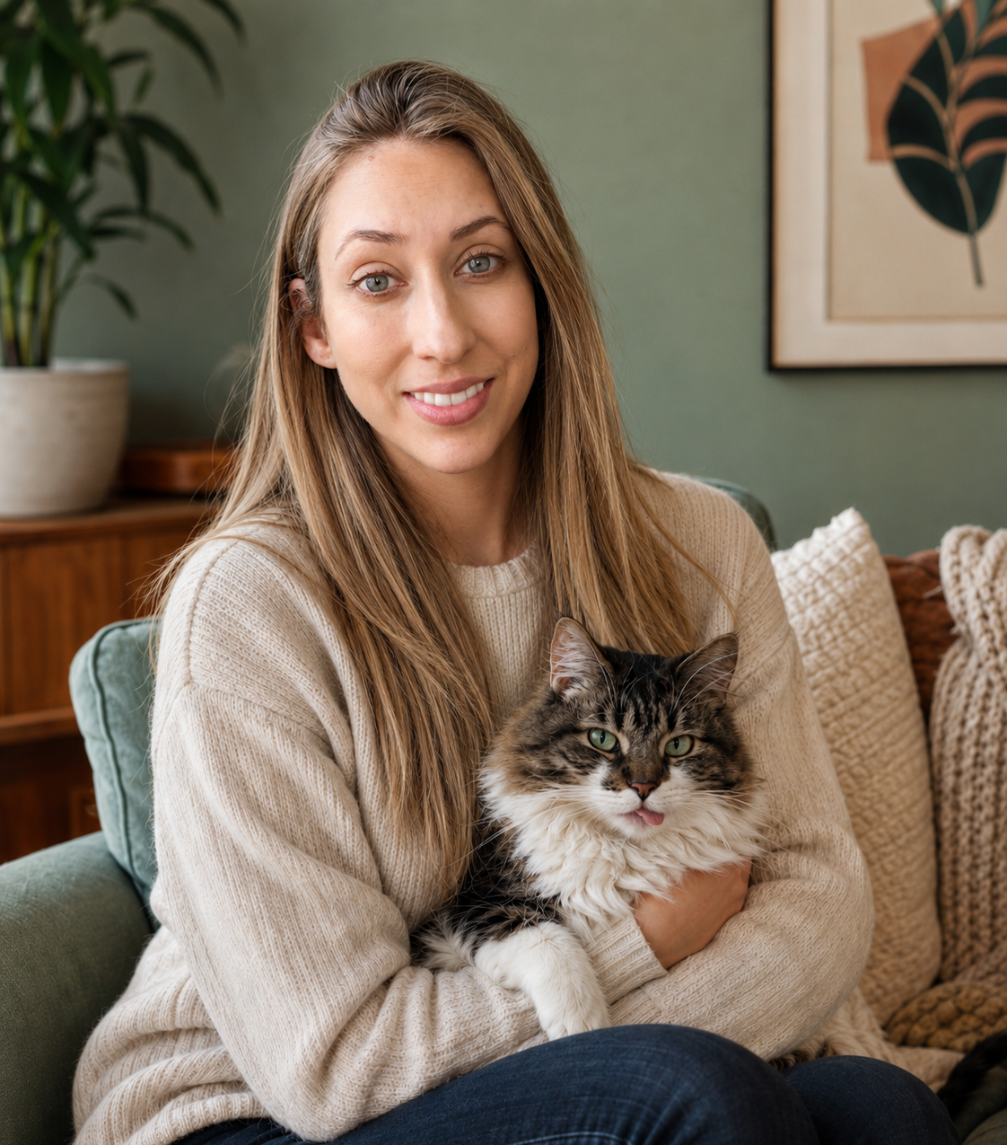 A smiling woman with long light brown hair holding a fluffy tabby cat with green eyes indoors.