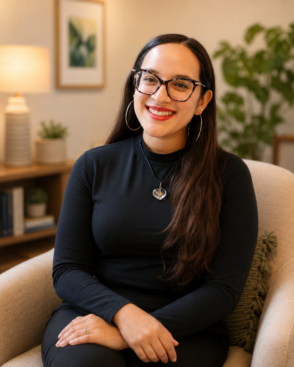 A woman with long brown hair, glasses, hoop earrings, and a heart-shaped necklace, sitting on a beige armchair in a cozy living room, smiling at the camera.