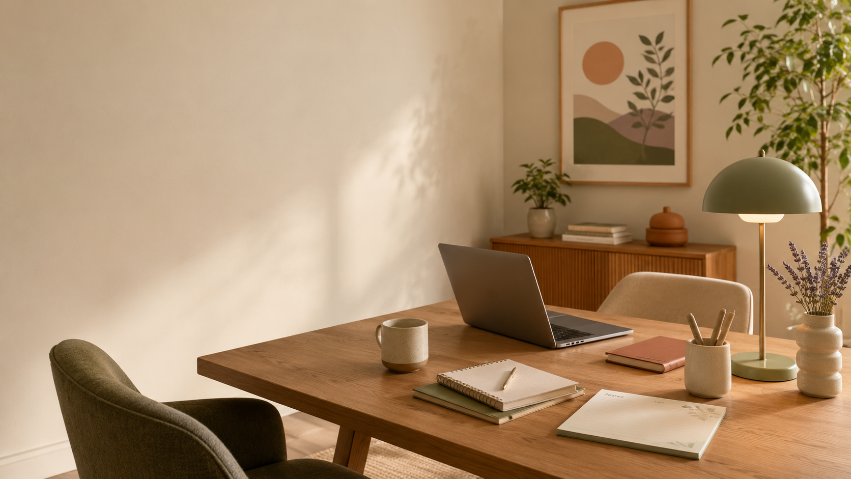 A cozy home office with a wooden desk, an open laptop, notebooks, a coffee mug, a table lamp, and potted plants, with a framed abstract landscape artwork on the wall.
