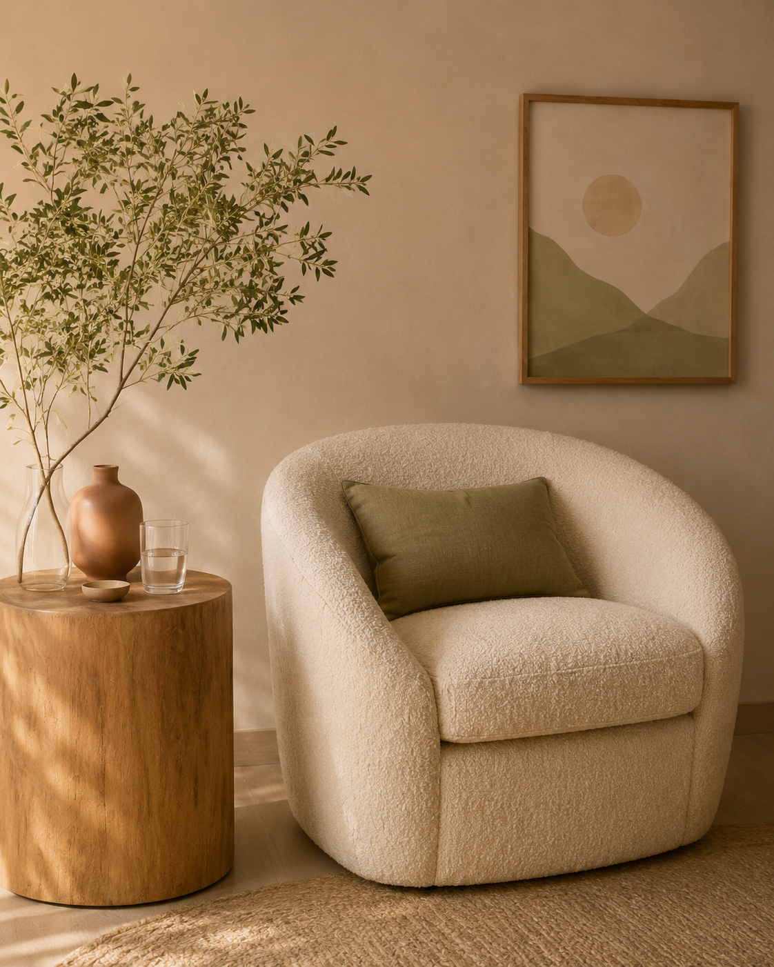 Cozy living room corner with a textured off-white armchair, a green pillow, a wooden side table holding a beige vase, a small bowl, and a glass of water, a large leafy green plant, and a framed minimalist landscape artwork on the wall.