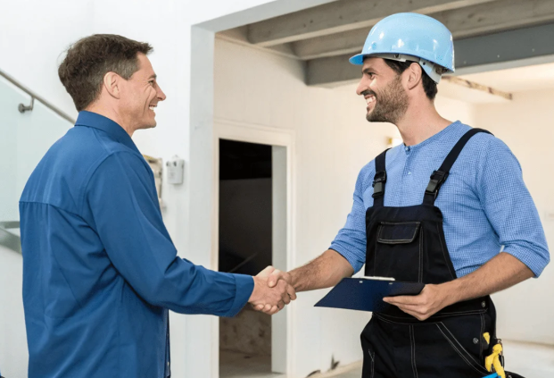 Two men shaking hands indoors, one in a blue work uniform and the other in black overalls and a blue hard hat, with one holding a clipboard.
