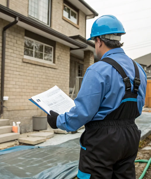 A construction worker wearing a blue helmet and jacket looking at a blueprint outside a house under construction.