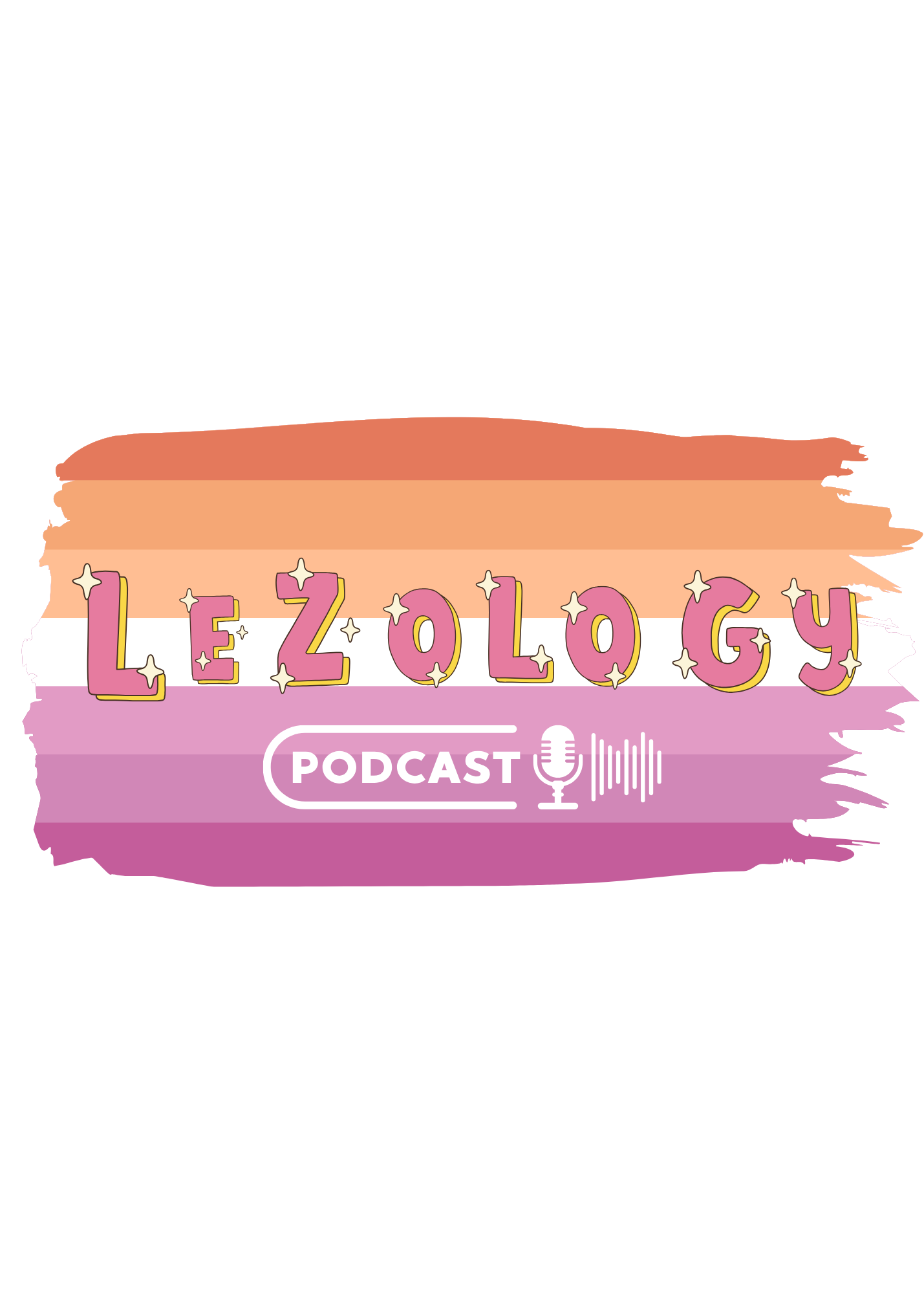 A colorful graphic promoting a podcast titled 'Le Zology,' featuring pastel pink, purple, and tan brushstrokes with the podcast name in pink with yellow outlines, and an icon of a microphone with sound waves.