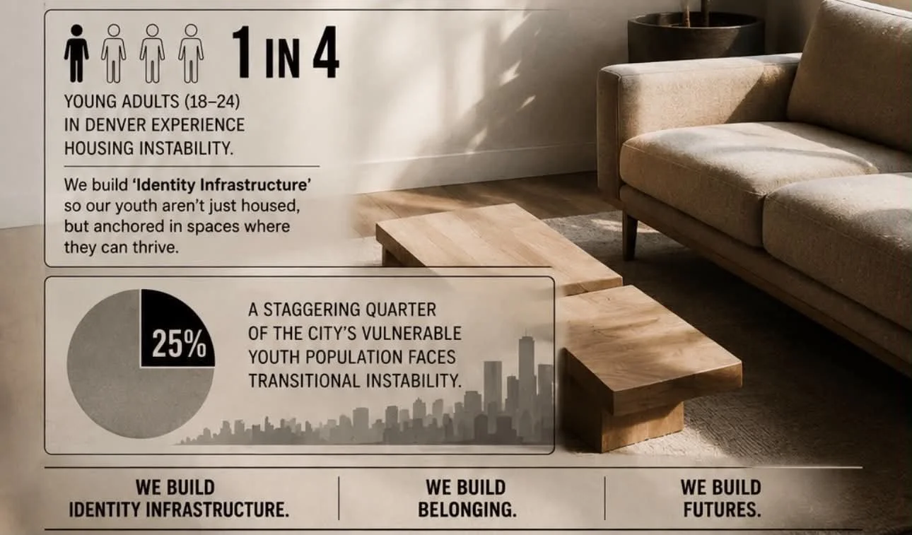 Infographic with statistics about housing instability among young adults aged 18-24 in Denver. It shows that 1 in 4 young adults face transitional instability. The background includes a beige sofa, a wooden coffee table, and a window with sunlight.