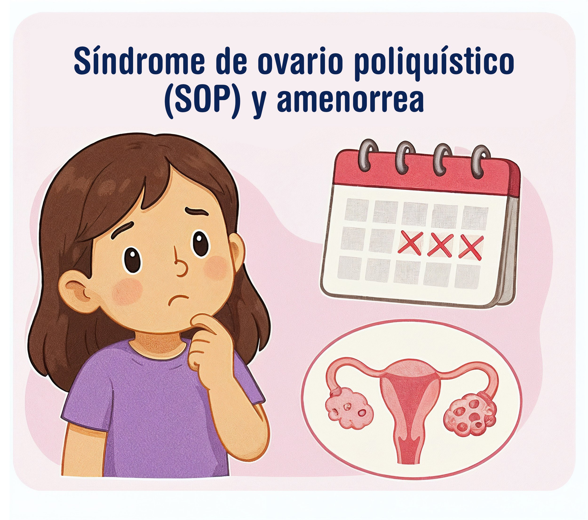 Ilustración infantil de una adolescente junto a un calendario menstrual y un esquema del aparato reproductor femenino, representando el síndrome de ovario poliquístico y la amenorrea  - Dra. Massiel Segura de Román