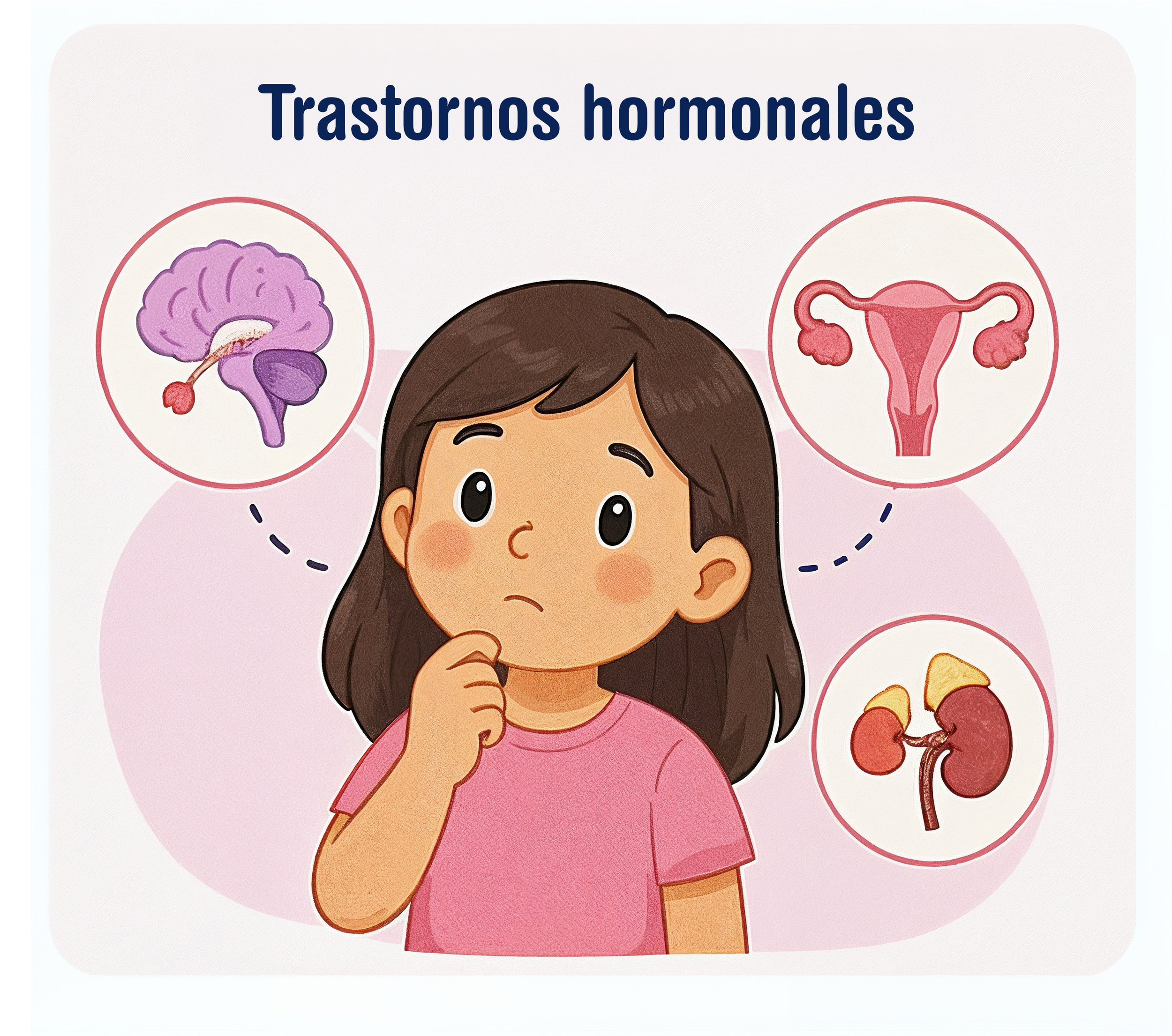 Ilustración infantil de una niña rodeada de iconos relacionados con las hormonas y el sistema endocrino, representando alteraciones hormonales - Dra. Massiel Segura de Román