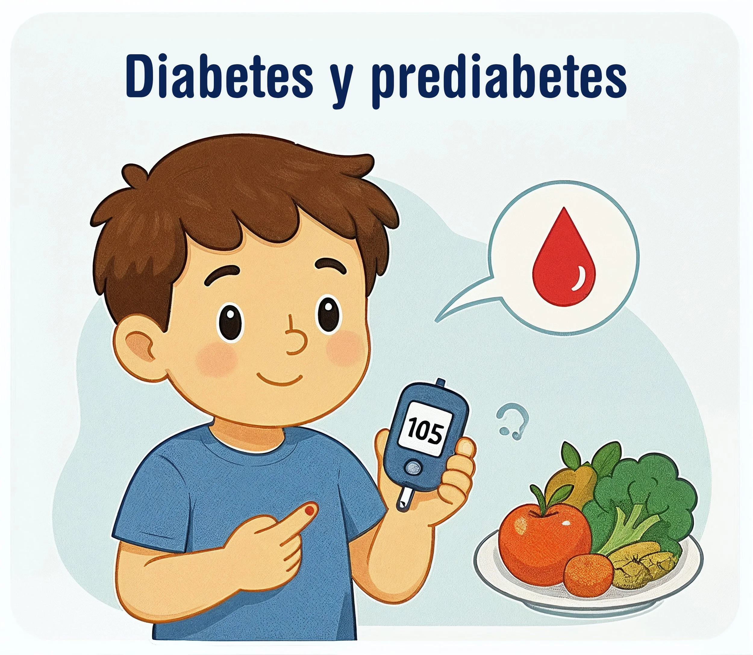 Ilustración infantil de un niño utilizando un glucómetro, representando la diabetes y la prediabetes en la infancia  - Dra. Massiel Segura de Román
