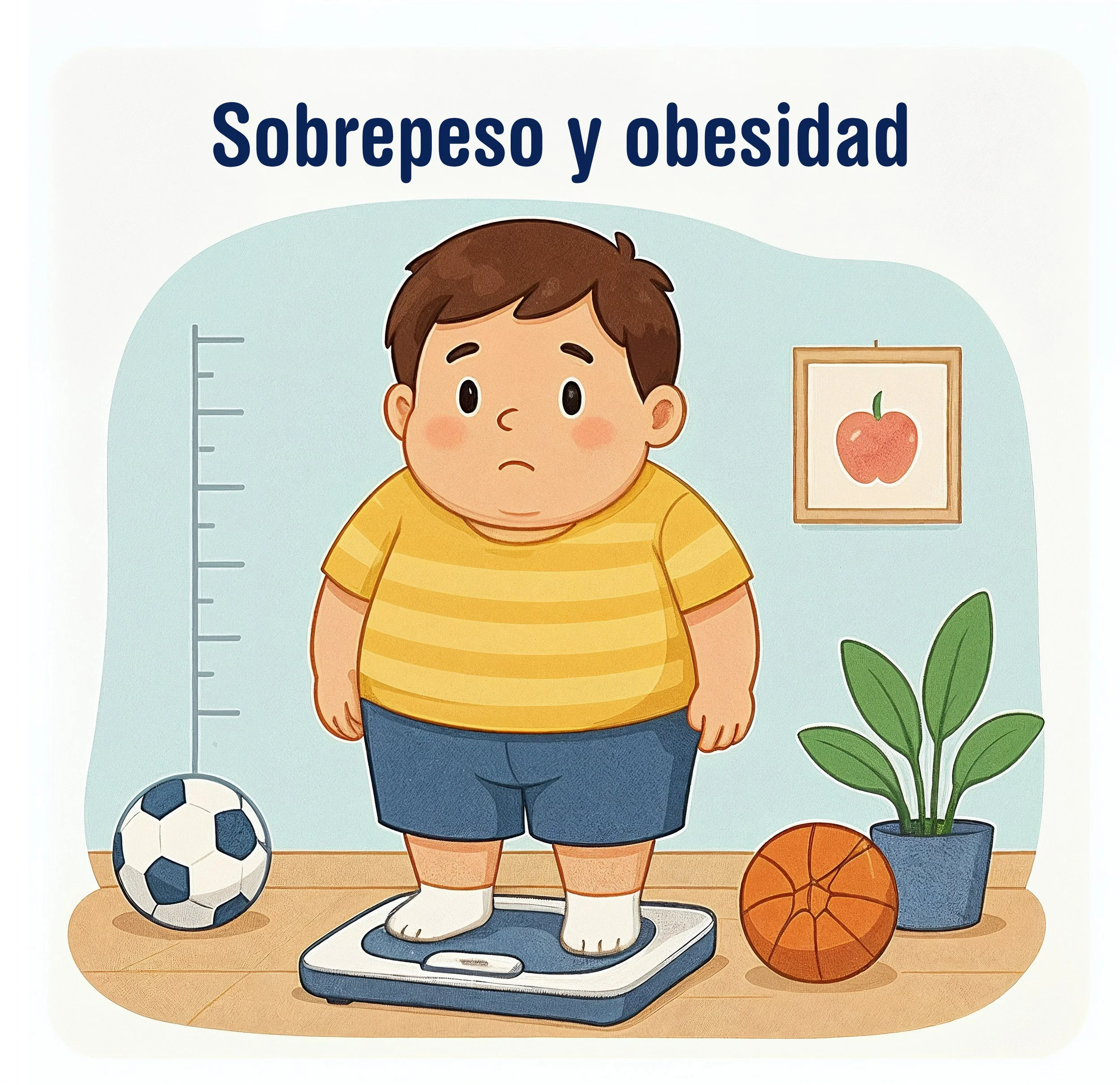 Ilustración infantil de un niño con sobrepeso junto a una báscula, representando el sobrepeso y la obesidad infantil  - Dra. Massiel Segura de Román