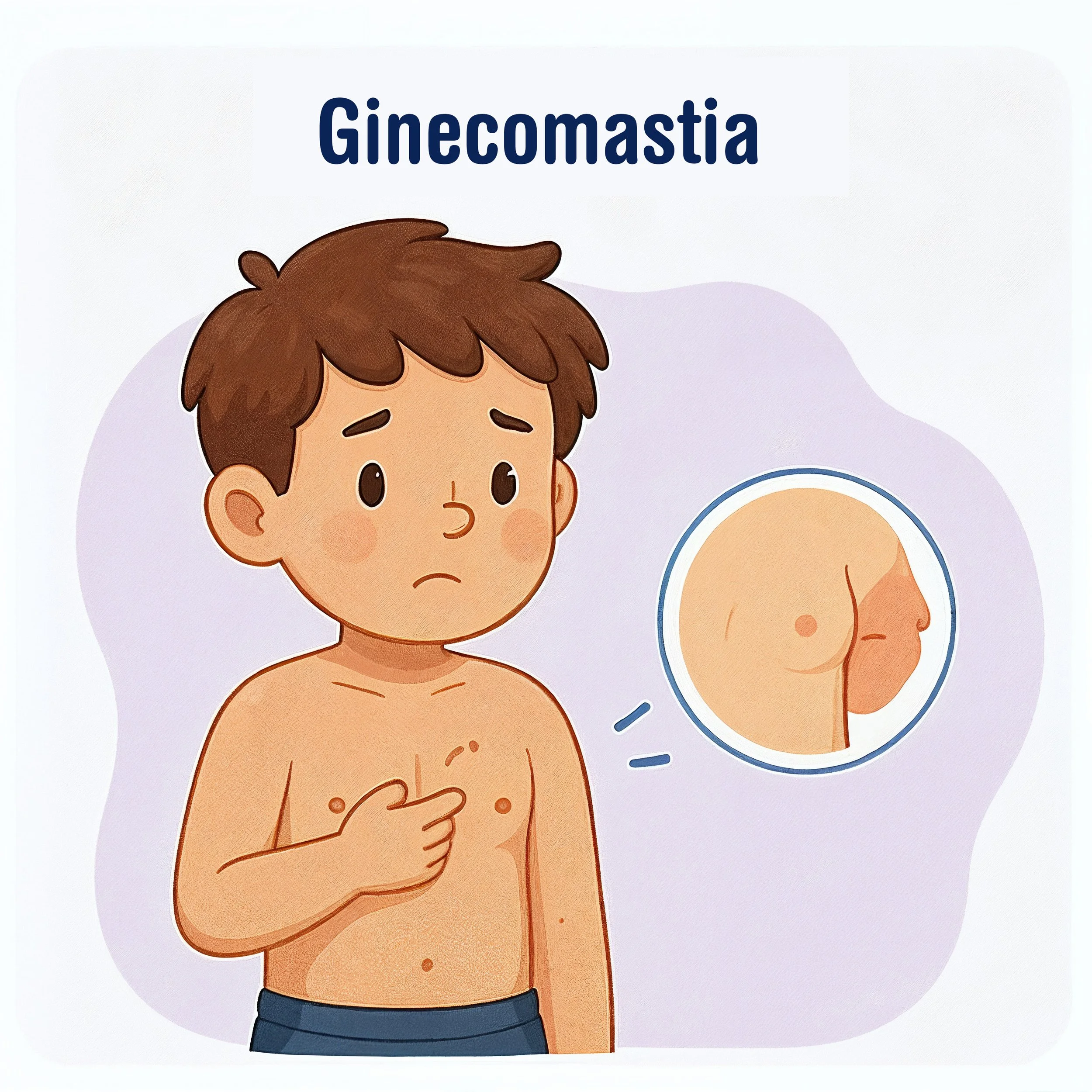Ilustración infantil de un niño señalando el pecho para representar la ginecomastia durante la infancia y la adolescencia - Dra. Massiel Segura de Román