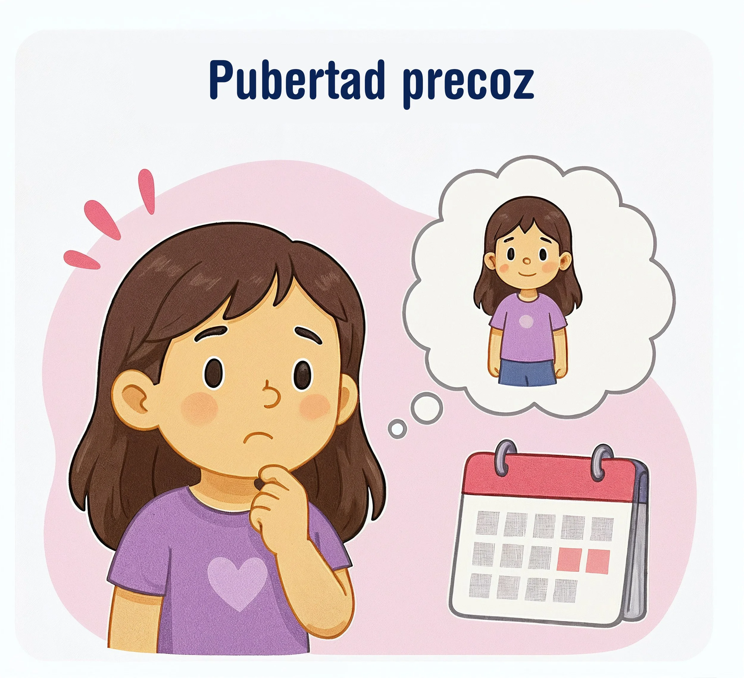 Ilustración infantil de una niña con un calendario y símbolos del desarrollo, representando la pubertad precoz - Dra. Massiel Segura de Román