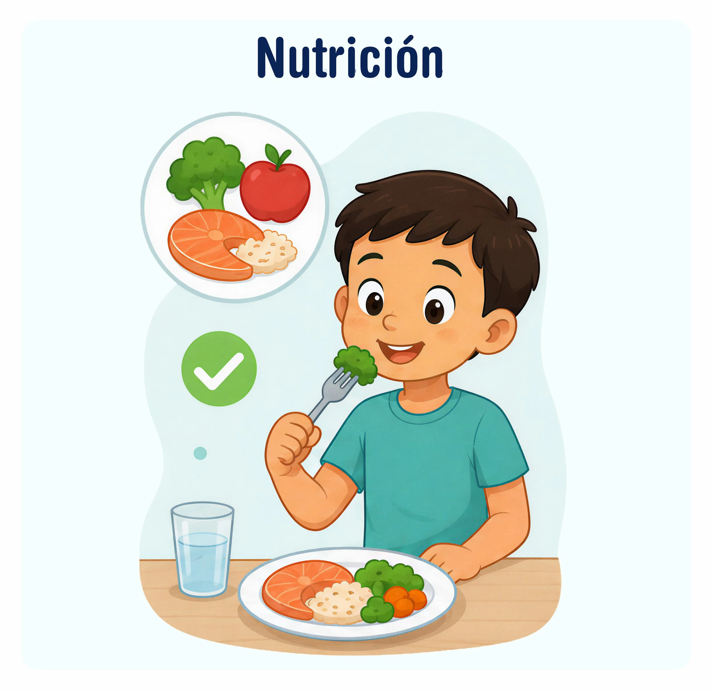 Ilustración de un niño alimentándose saludablemente - Dra. Massiel Segura de Román