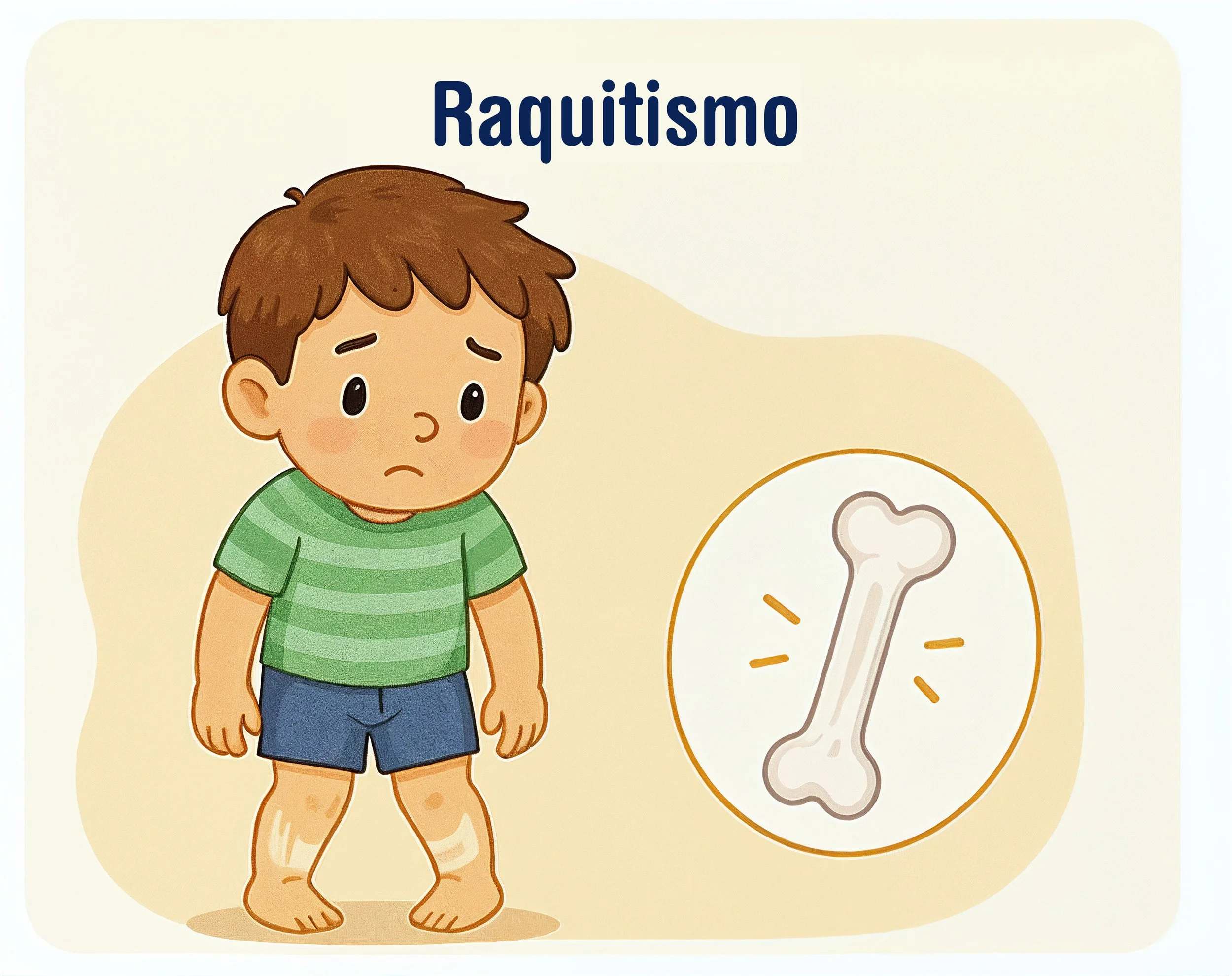 Ilustración infantil de un niño con énfasis en el desarrollo óseo, representando el raquitismo infantil - Dra. Massiel Segura de Román