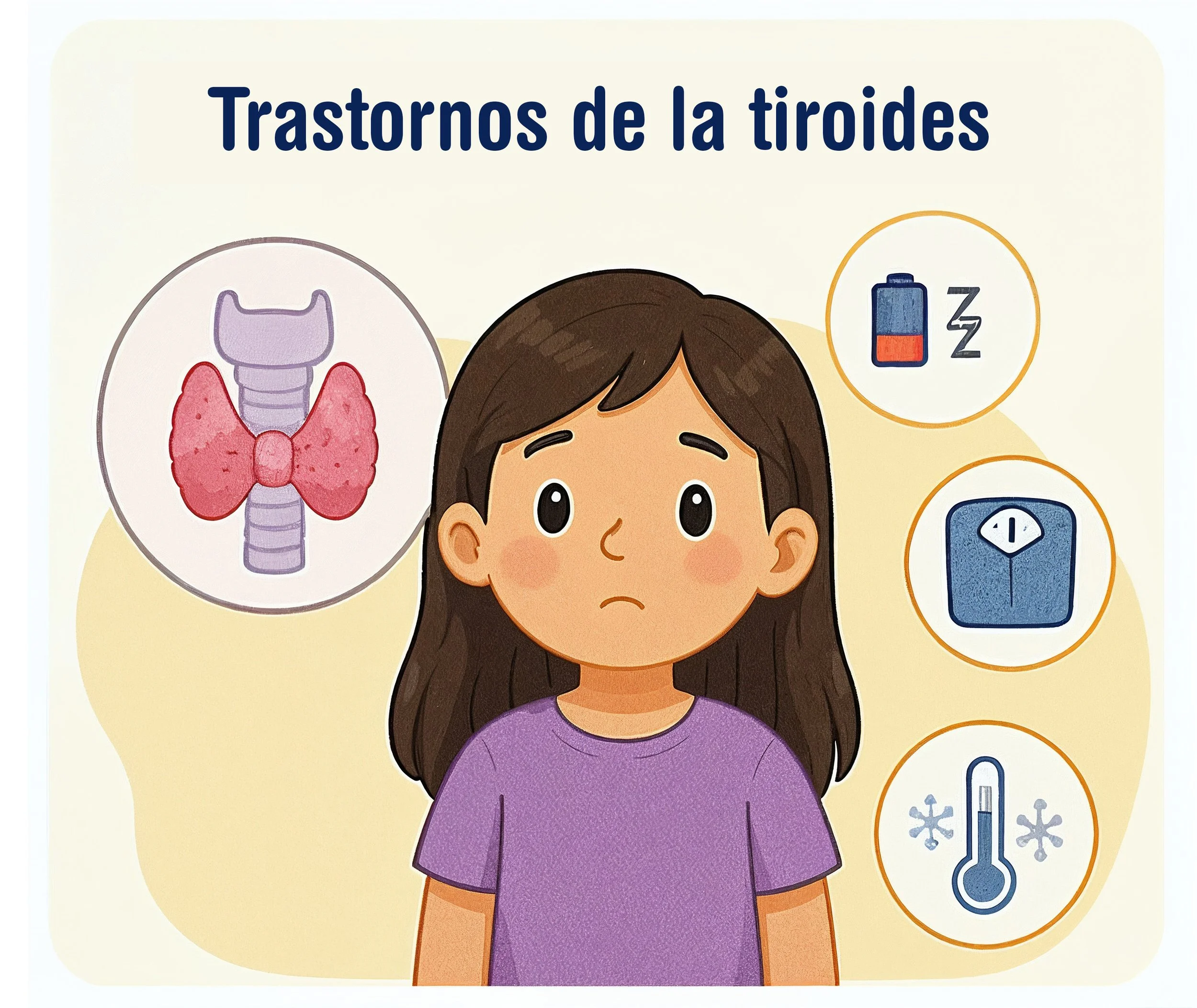 Ilustración infantil de una niña acompañada por un esquema de la glándula tiroides, representando los trastornos tiroideos en niños y adolescentes  - Dra. Massiel Segura de Román