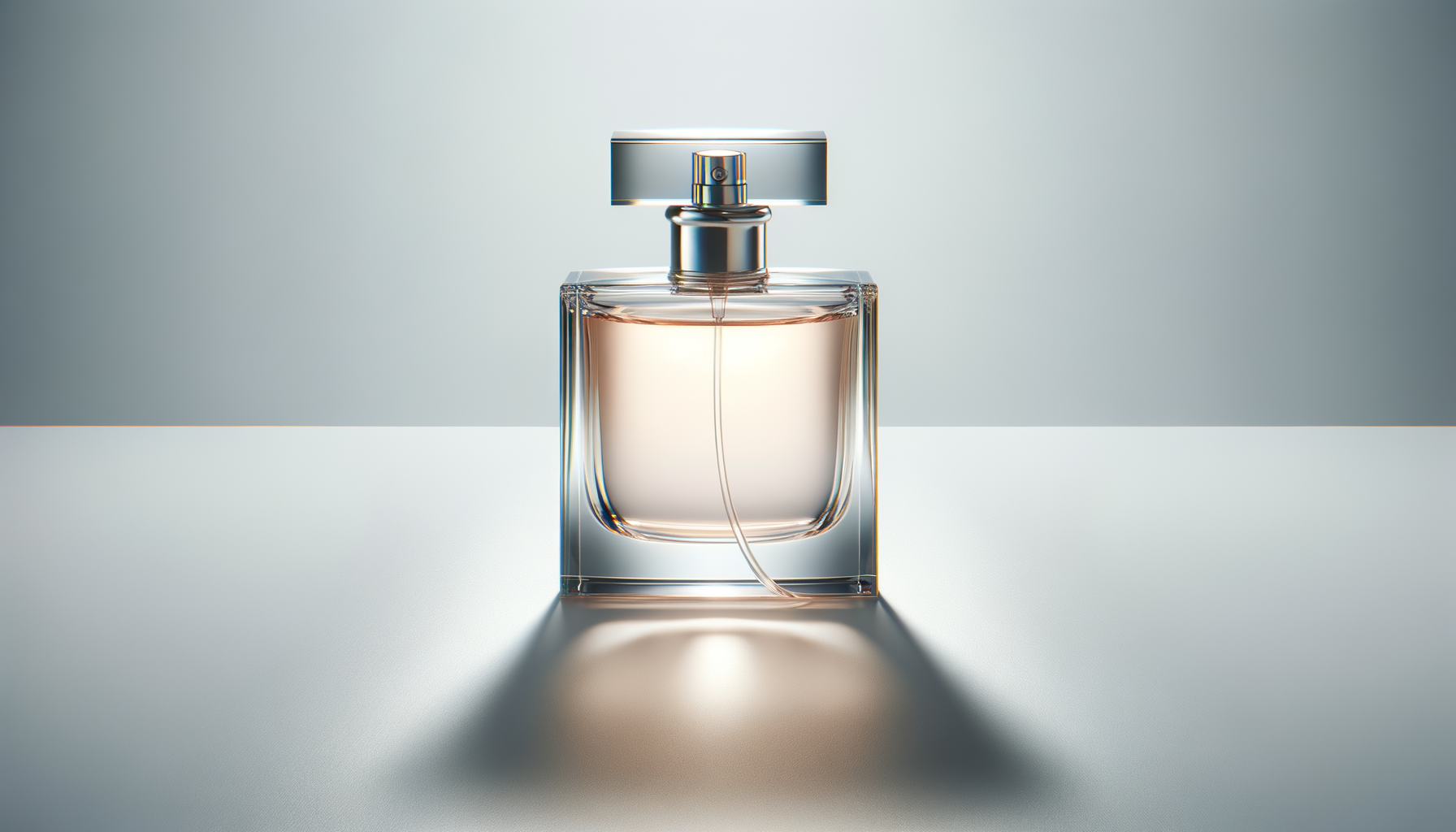 A modern perfume bottle with a clear glass rectangular shape, filled with light pink liquid, featuring a silver metallic spray top, casting a soft shadow on a white surface with a neutral background.