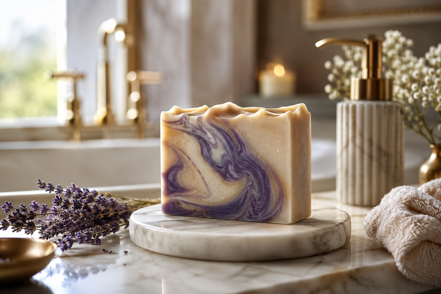 Marble-patterned soap on a marble soap dish in a bathroom with a gold faucet and purple flowers nearby.