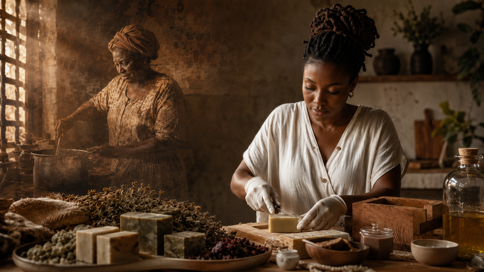 Two women, one older and one younger, working in a rustic kitchen. The older woman is cooking over a stove in the background, while the younger woman is cutting soap on a wooden table in the foreground, surrounded by herbs, soap, and kitchen jars.