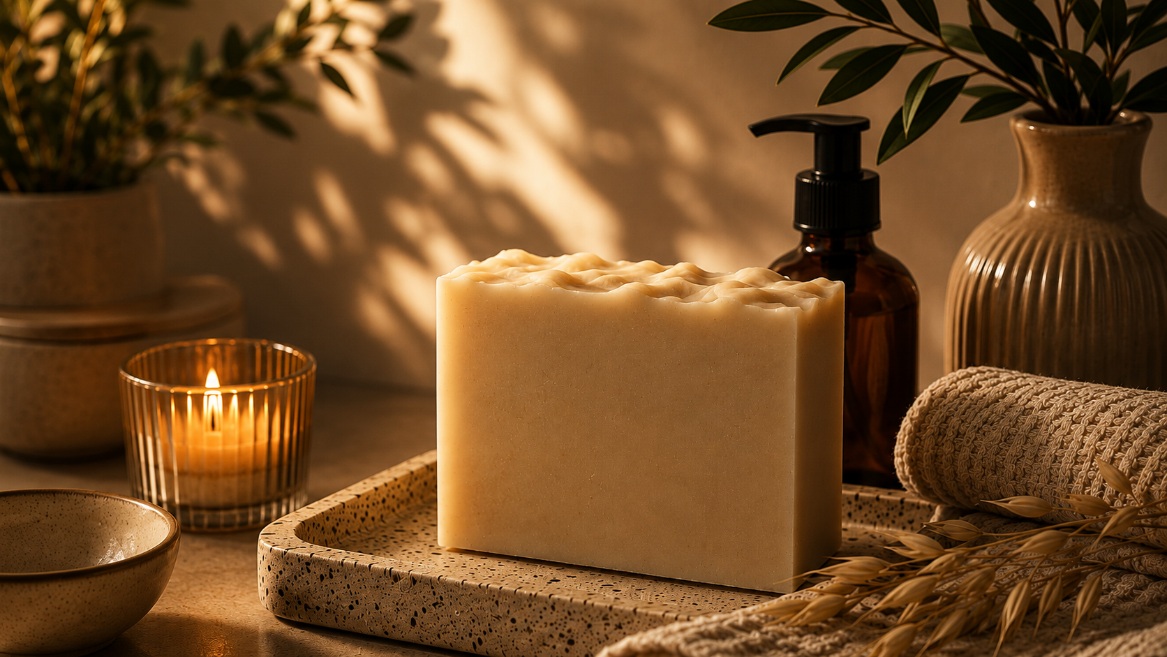 A bathroom setting with a large soap bar on a speckled tray, a candle in a glass holder, a rolled towel, potted plants, a soap dispenser, and dried wheat stalks, illuminated by warm ambient light.