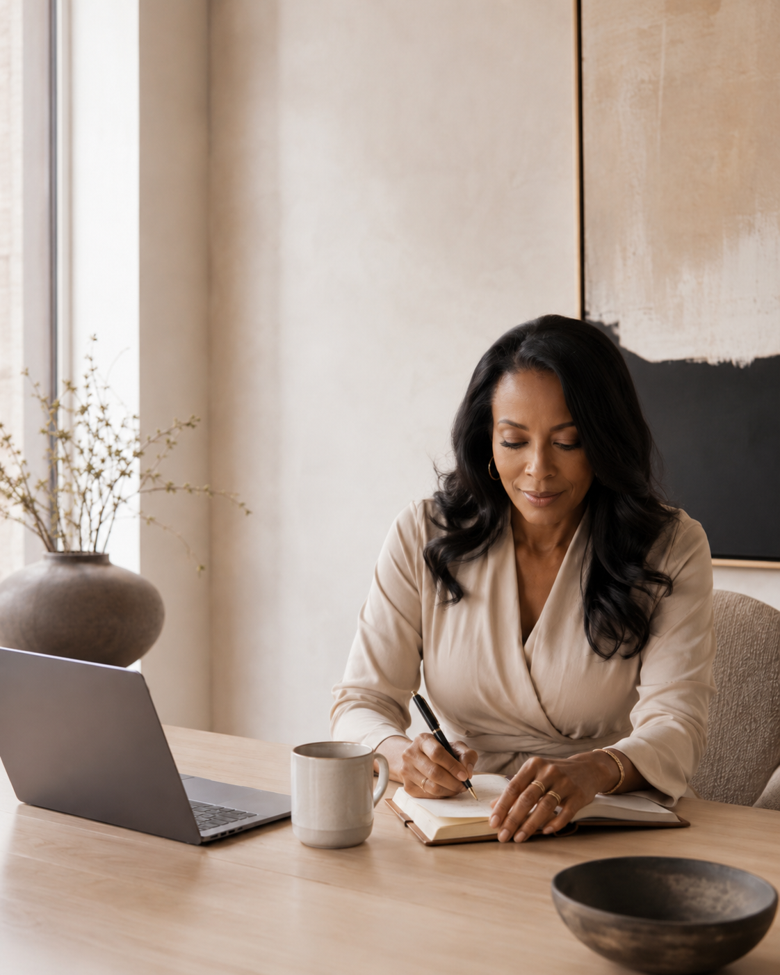 Woman sitting at a desk, writing in a notebook, with a laptop, mug, and decorative bowl on the desk, and a vase with branches in the background.