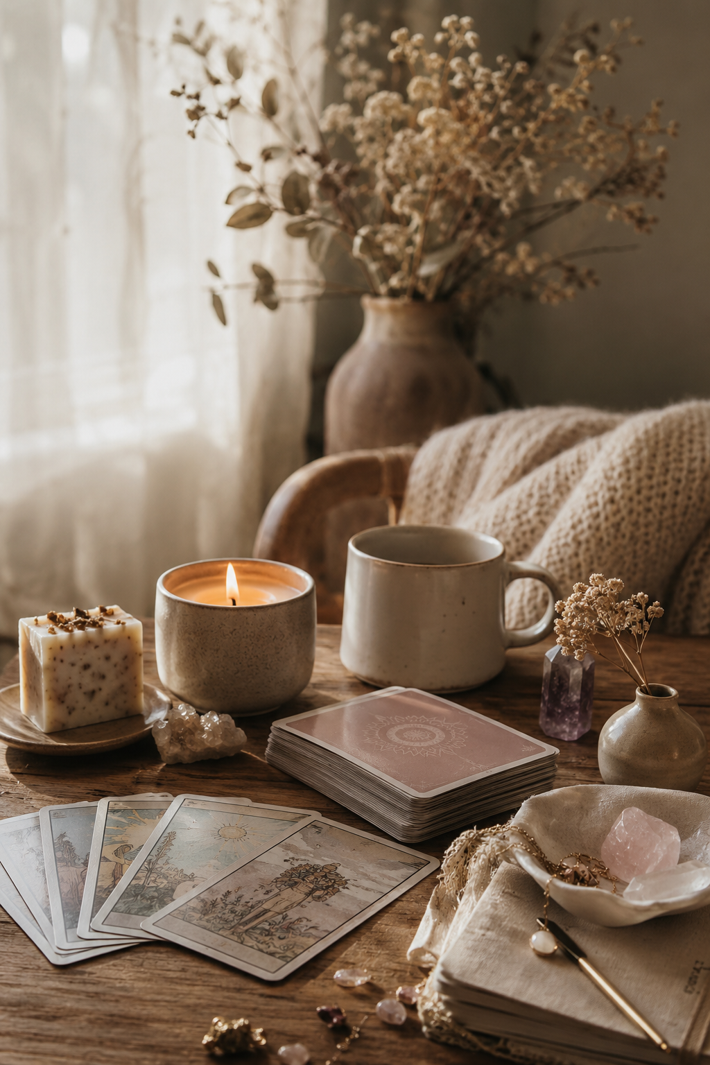 A cozy scene with a wooden table holding tarot cards, a lit candle, a mug, a soap bar, and crystals, with dried flowers in vases and warm light.