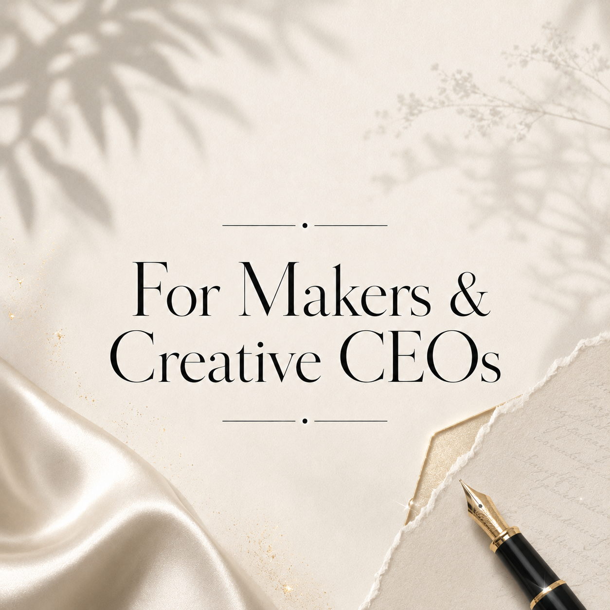 Elegant invitation or announcement for makers and creative CEOs with a cream background, shadows of leaves, a gold silky fabric, torn paper, handwritten notes, and a gold-tipped fountain pen.