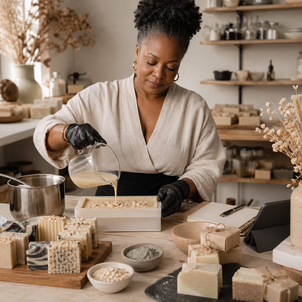 Woman pouring liquid into soap mold, surrounded by handmade soap bars, in a soap-making workshop.