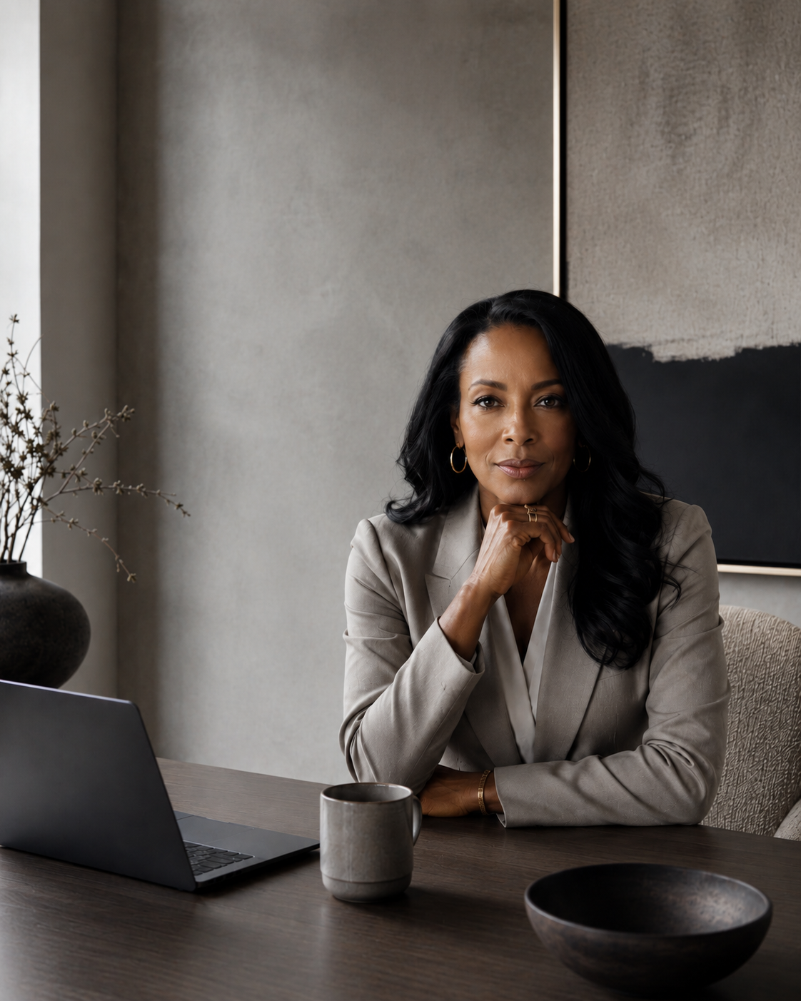 A woman with long black hair, wearing a beige blazer, sitting at a wooden desk in a modern office. She is looking at the camera with her chin resting on her hand, and there is a laptop, a coffee mug, and a black bowl on the desk. A vase with dry branches is on her left, and a large abstract painting is on the wall behind her.