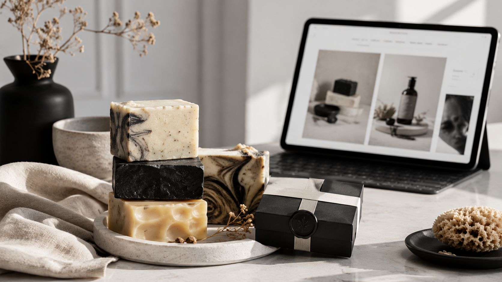 Stacked decorative soap bars next to a gift box on a marble tray with a black vase, a white bowl, and a scrubbing sponge, in front of a digital tablet displaying a minimalist product photography setup.