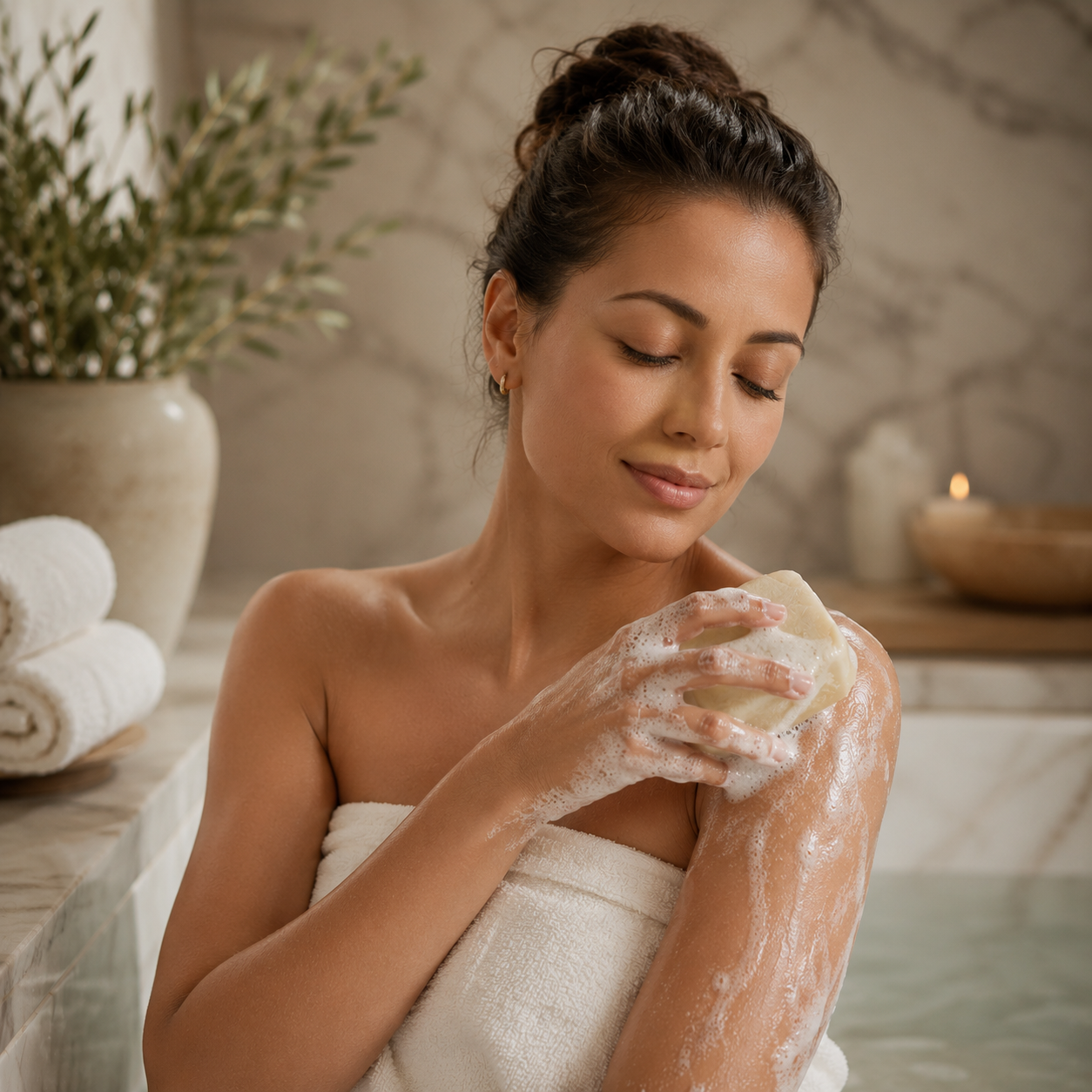 A woman with dark hair in a bun enjoys a bath, washing her shoulder with soap, in a spa-like setting with towels, a large vase with flowers, and a lit candle in the background.