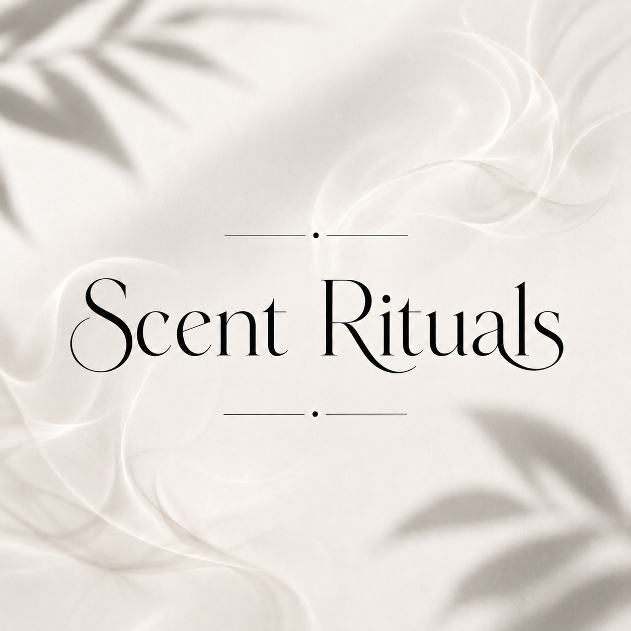 A book cover titled "Scent Rituals" with a light beige background, elegant black text, and faint white swirling patterns.