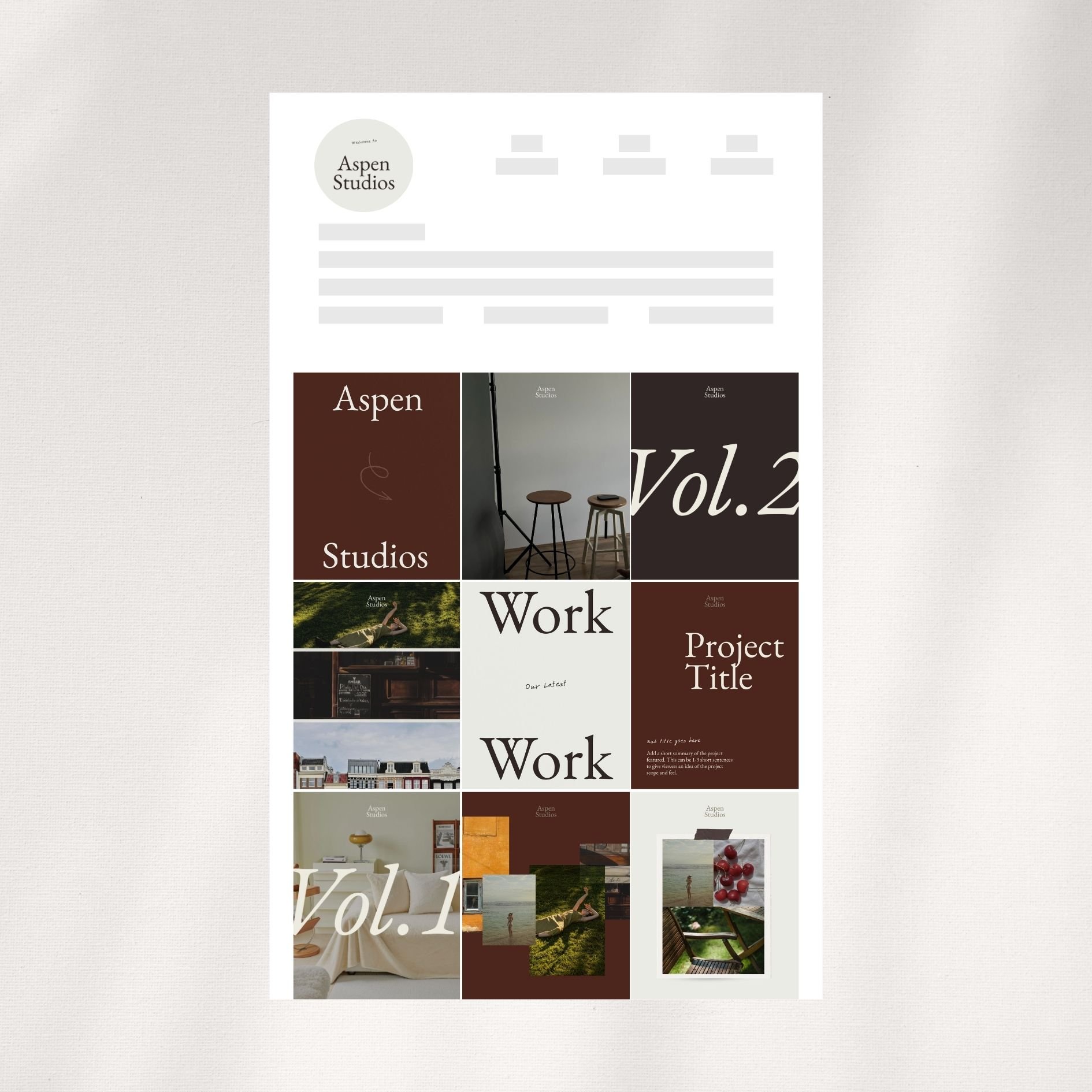 A collection of graphics and photographs for Aspen Studios, including three volume covers, interior shots, and project images arranged in a grid on a white background.