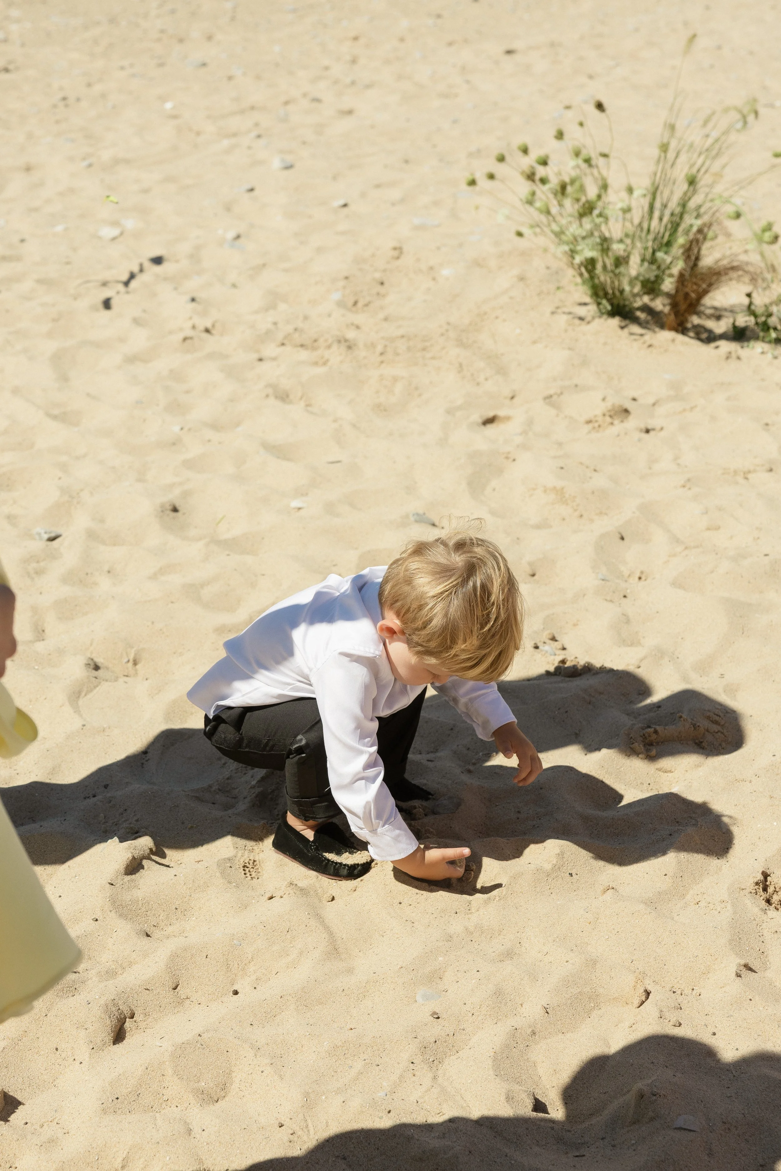 A young boy in formal clothes crouching in the sand on a bright sunny day, playing with the sand in a sandy outdoor area, with some sparse plants in the background.