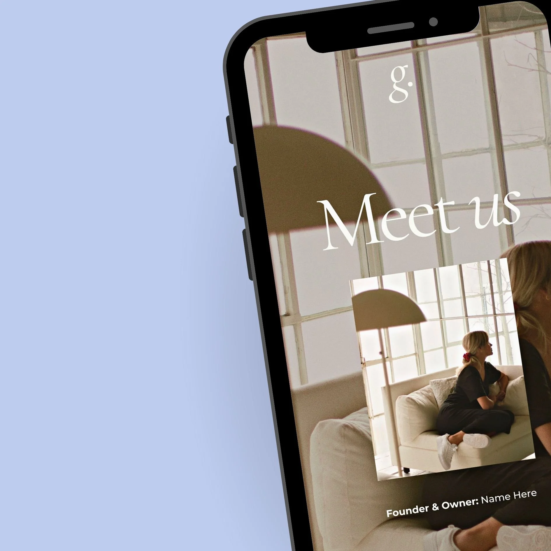Smartphone displaying a website or app with the text "Meet us" and a photo of a woman sitting on a couch in a bright room with large windows.