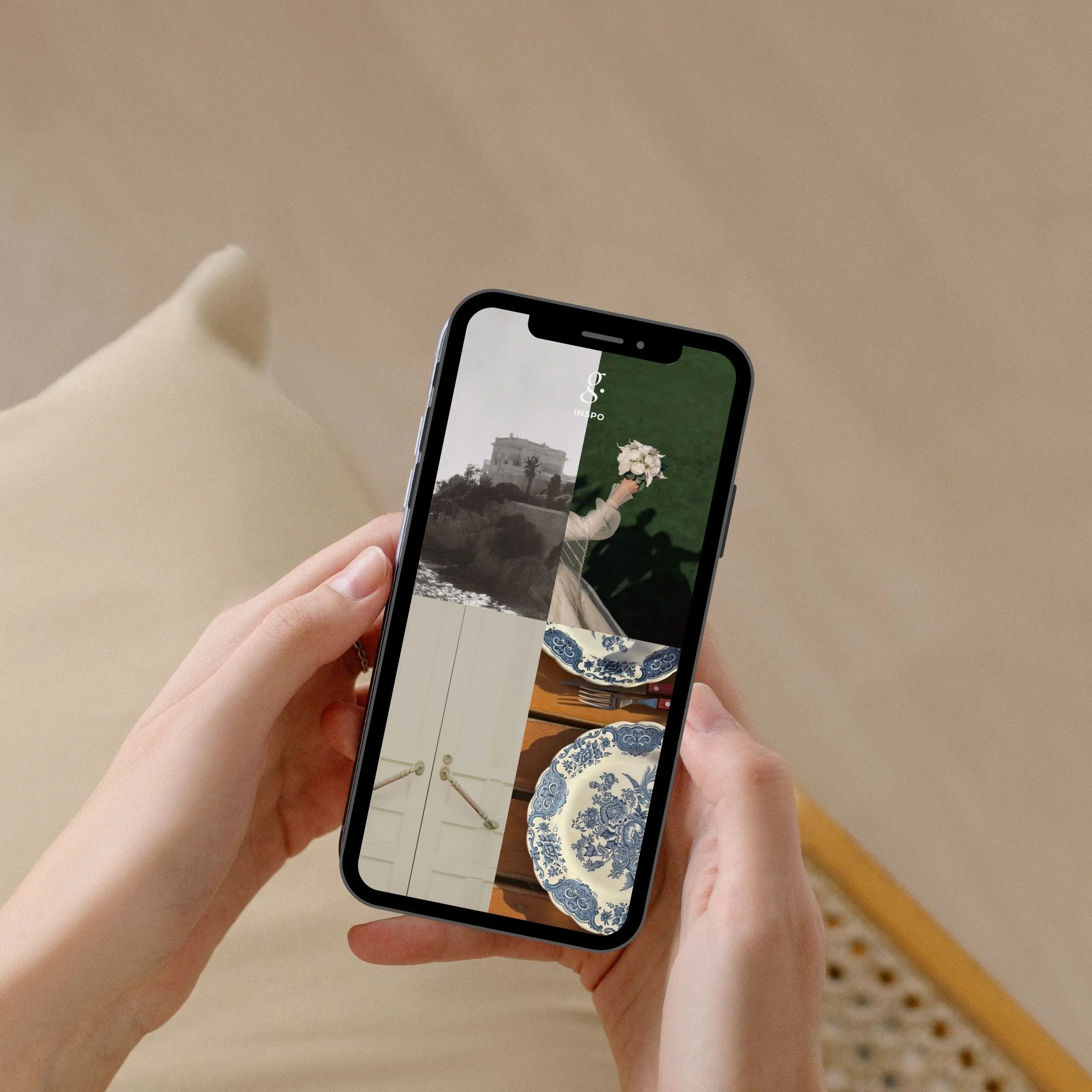 Person holding a smartphone displaying a collage of four images: a black-and-white picture of a building by the water, a person holding a bouquet of white flowers, a decorative blue and white plate, and a white door with a golden handle.