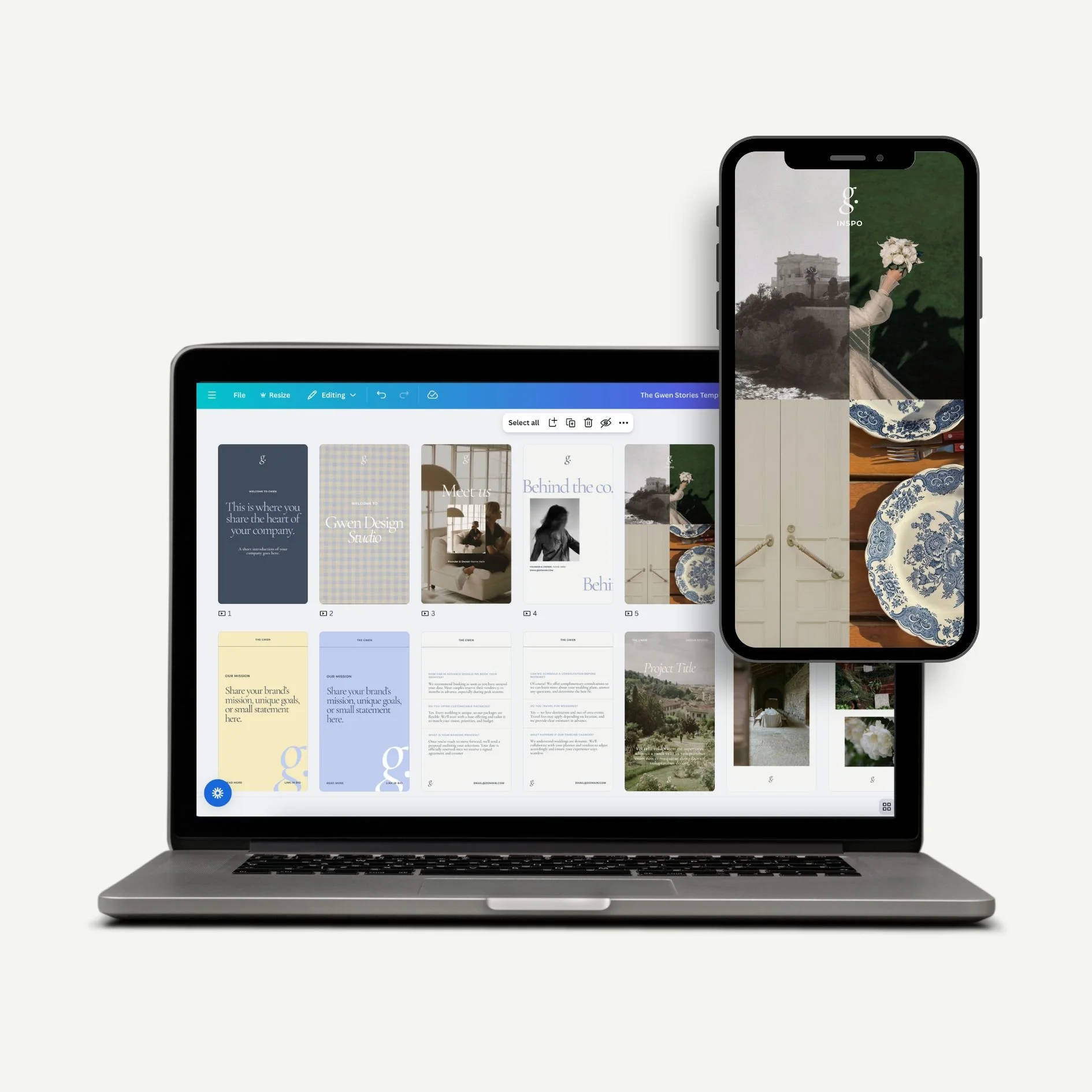 Open laptop with graphic design software on screen and smartphone displaying a photo of a person holding a bouquet of flowers.