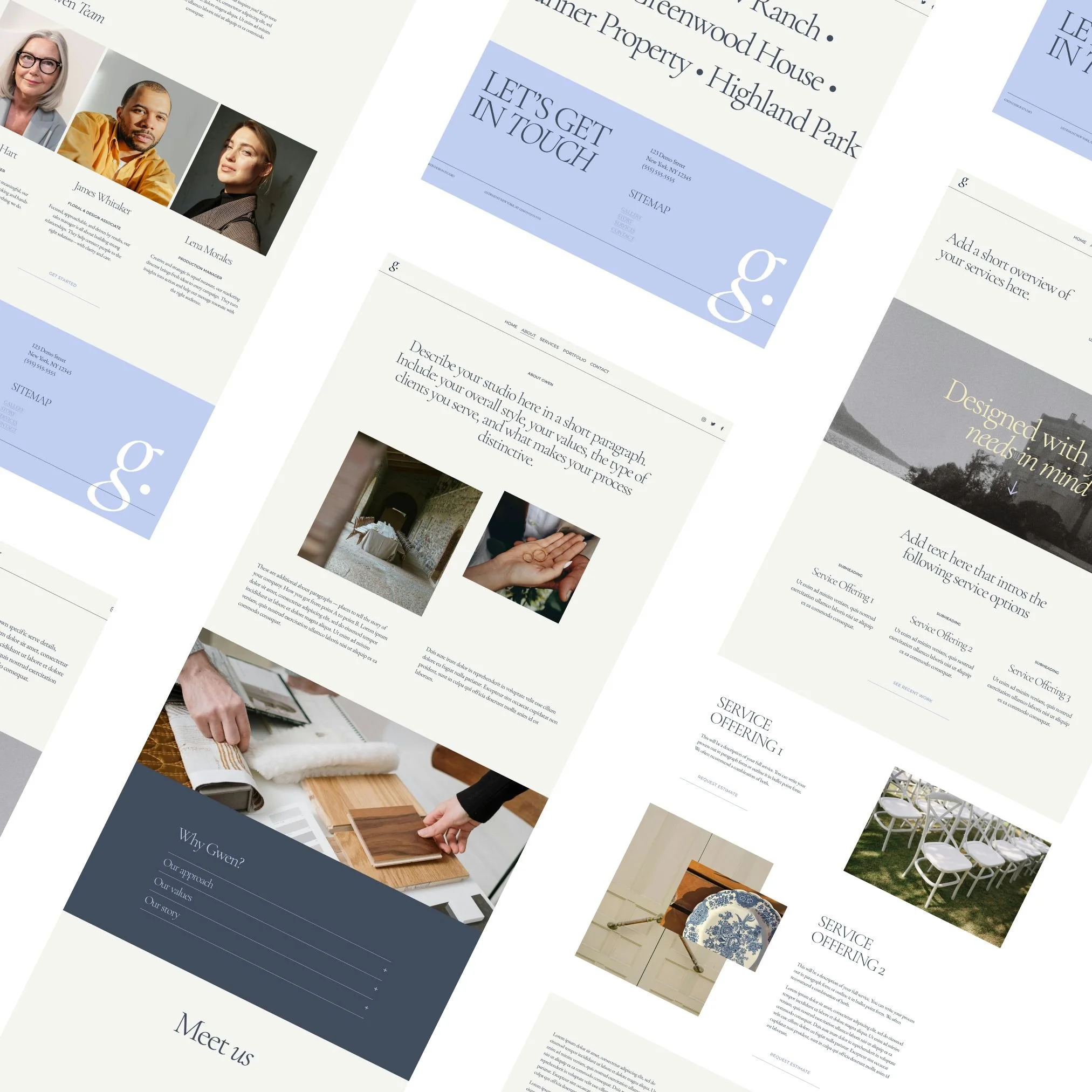 A collection of website design mockups featuring various layouts, images, and text sections for different services and businesses.
