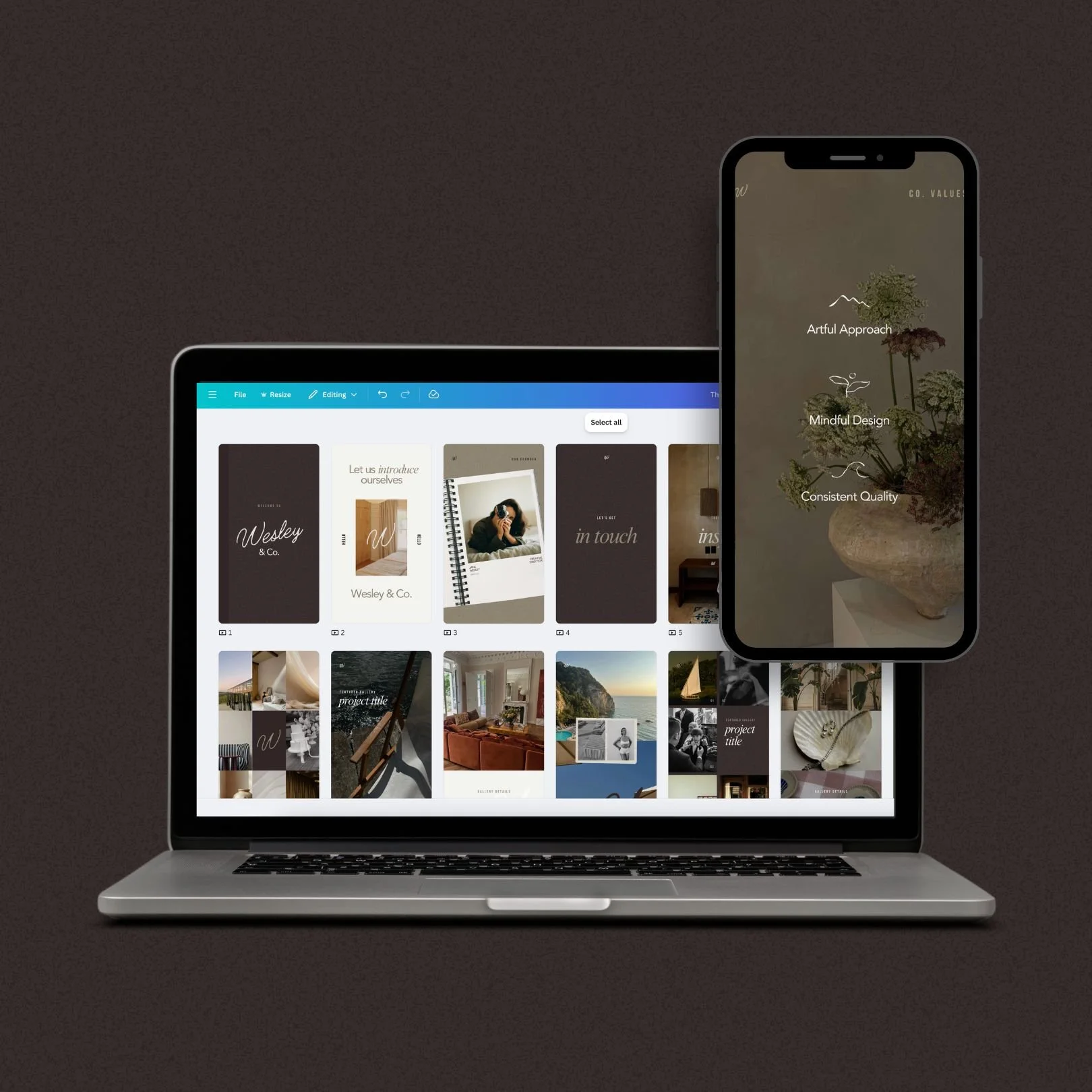 A laptop and a smartphone displaying design and branding materials, with the laptop screen showing a collection of visual branding cards and the phone showing a nature-themed background with icons and text.
