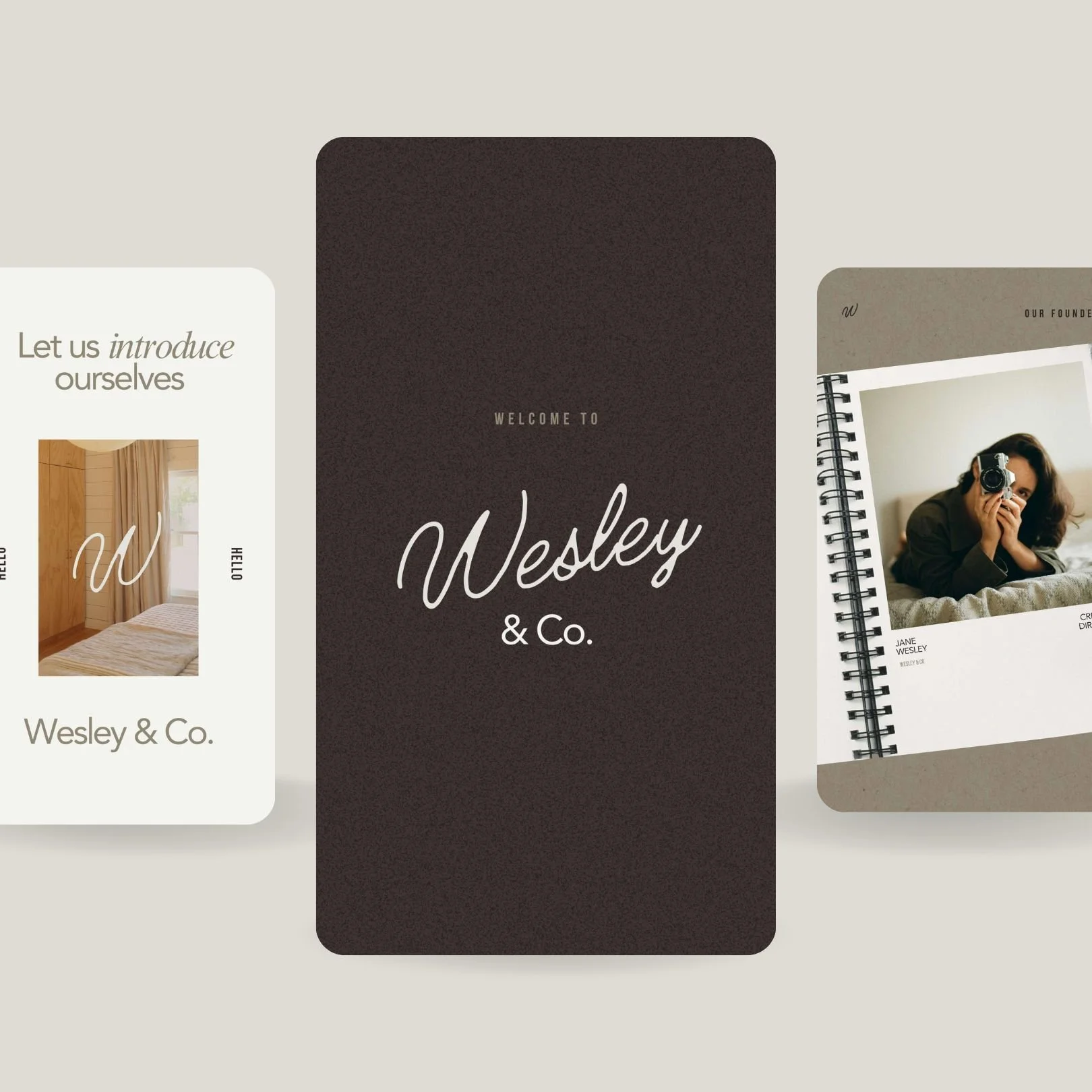 Welcome card for Wesley & Co. with other business cards showing interior photos and contact information.