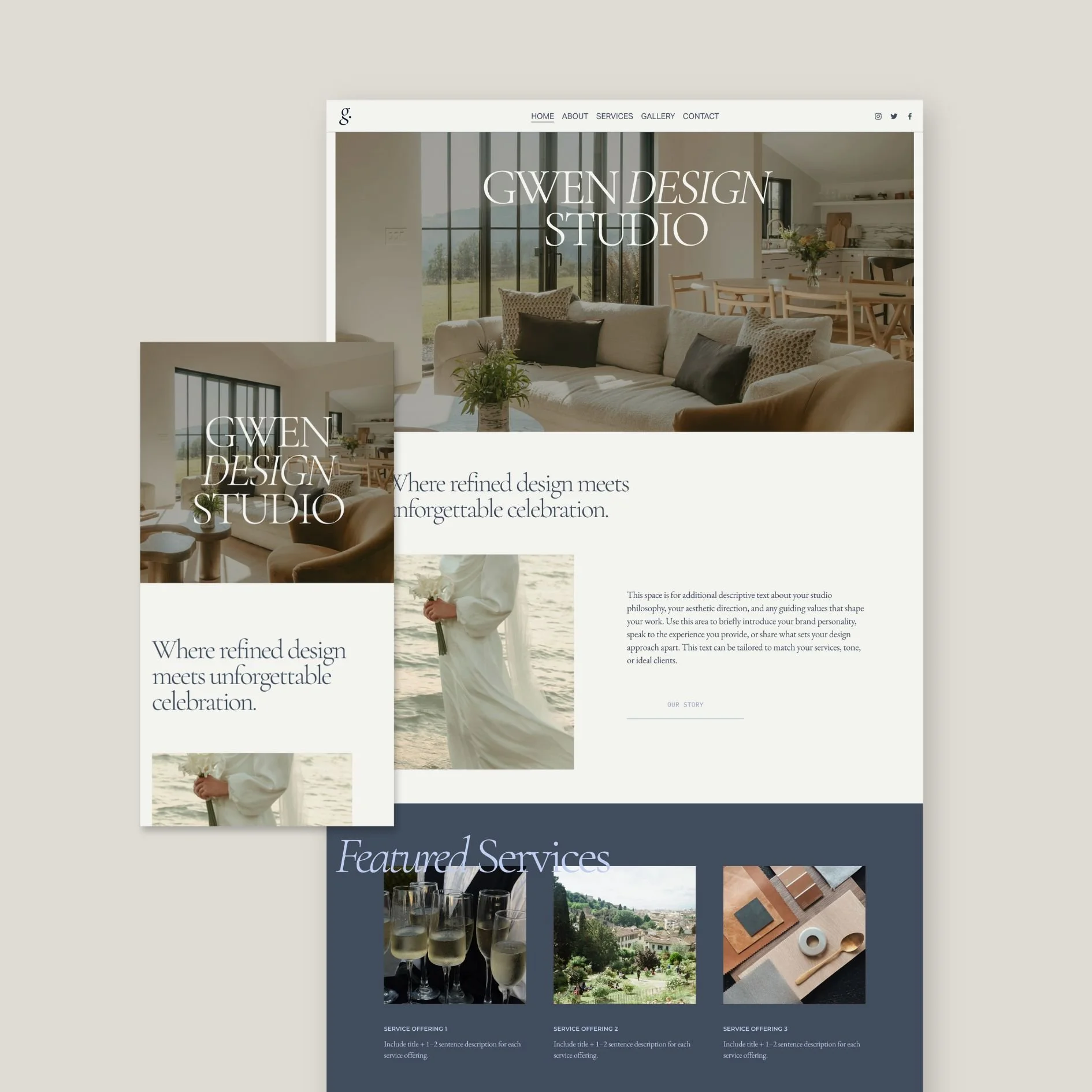 A website homepage for Gwen Design Studio featuring interior design images and text about refined design and celebration.