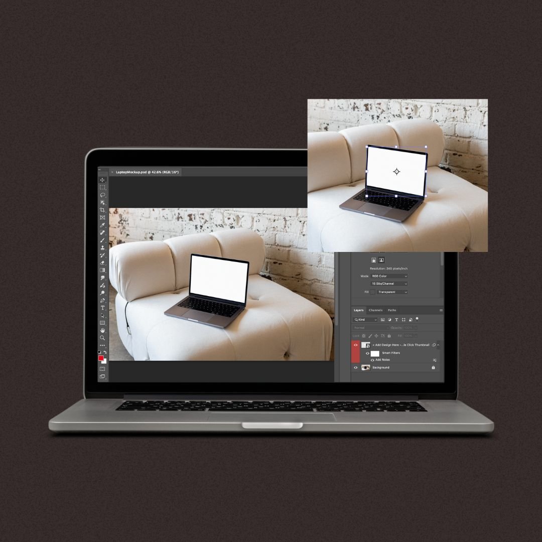 A laptop displaying a photo editing program with an image of a laptop on a beige couch with a white brick wall background. The photo is shown in the program's workspace and as a separate thumbnail overlay.