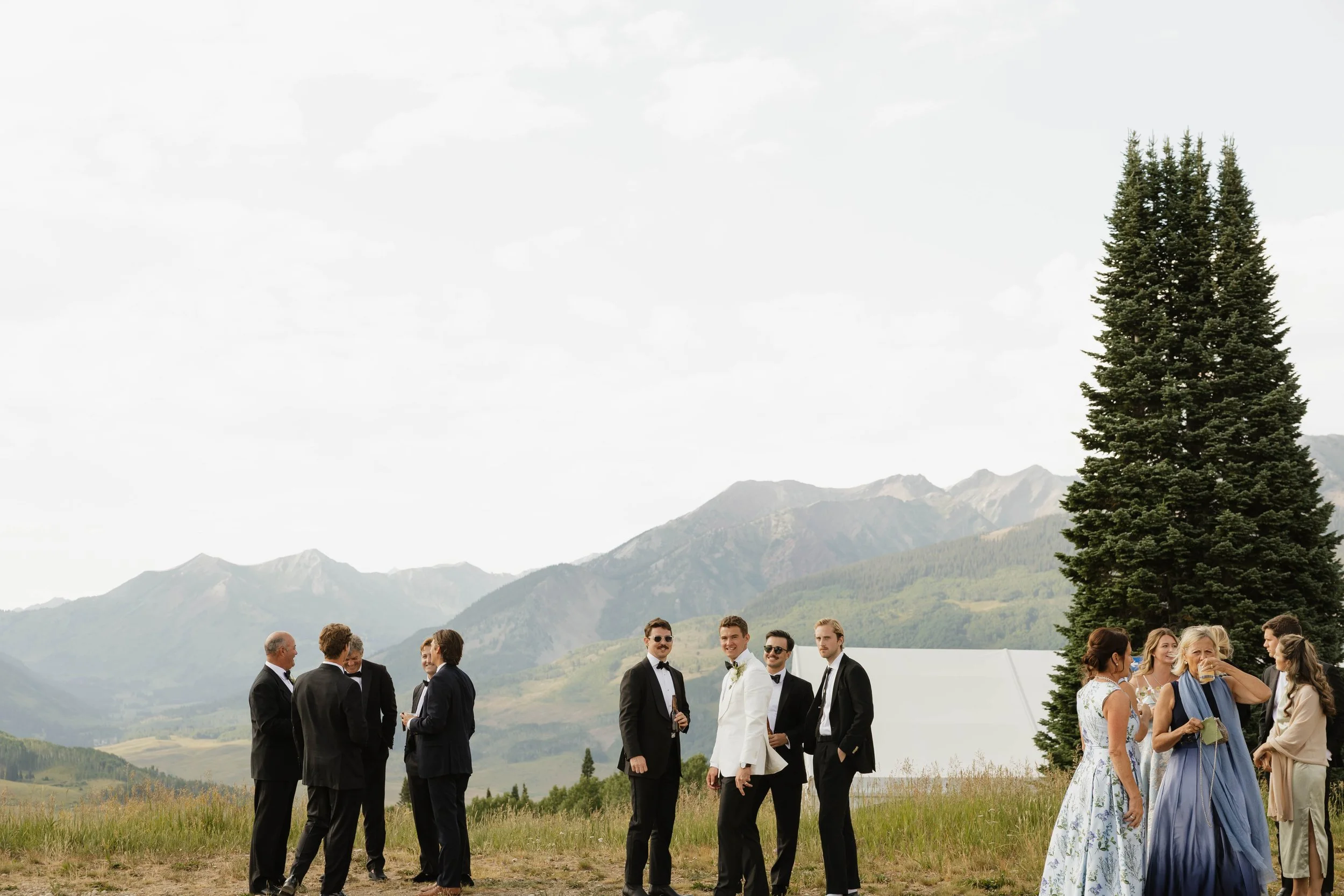 Group of men in tuxedos and women in dresses gathered outdoors in a scenic mountain setting with a large pine tree and mountains in the background.