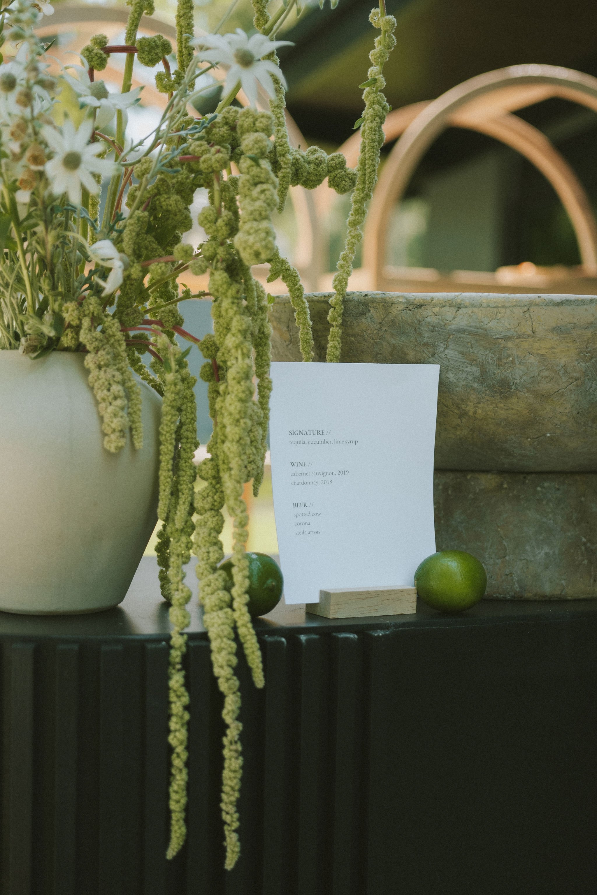 A table arrangement with potted plants, a menu card, and two limes. The menu lists signature drinks, wines, and beers. The setting appears to be outdoors.