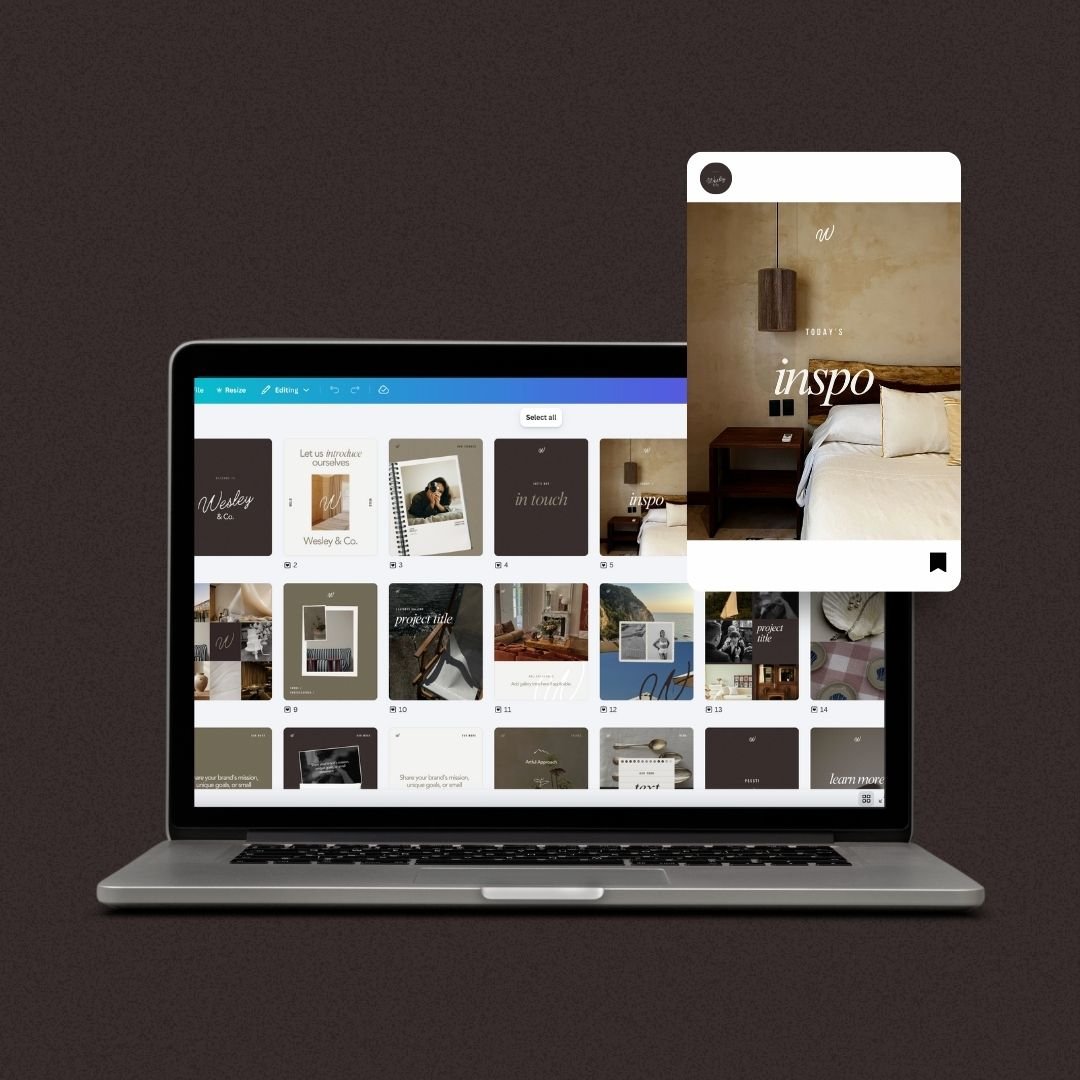 Laptop computer with a digital mood board featuring interior design photos and text overlays, with a floating image of a bedroom scene.