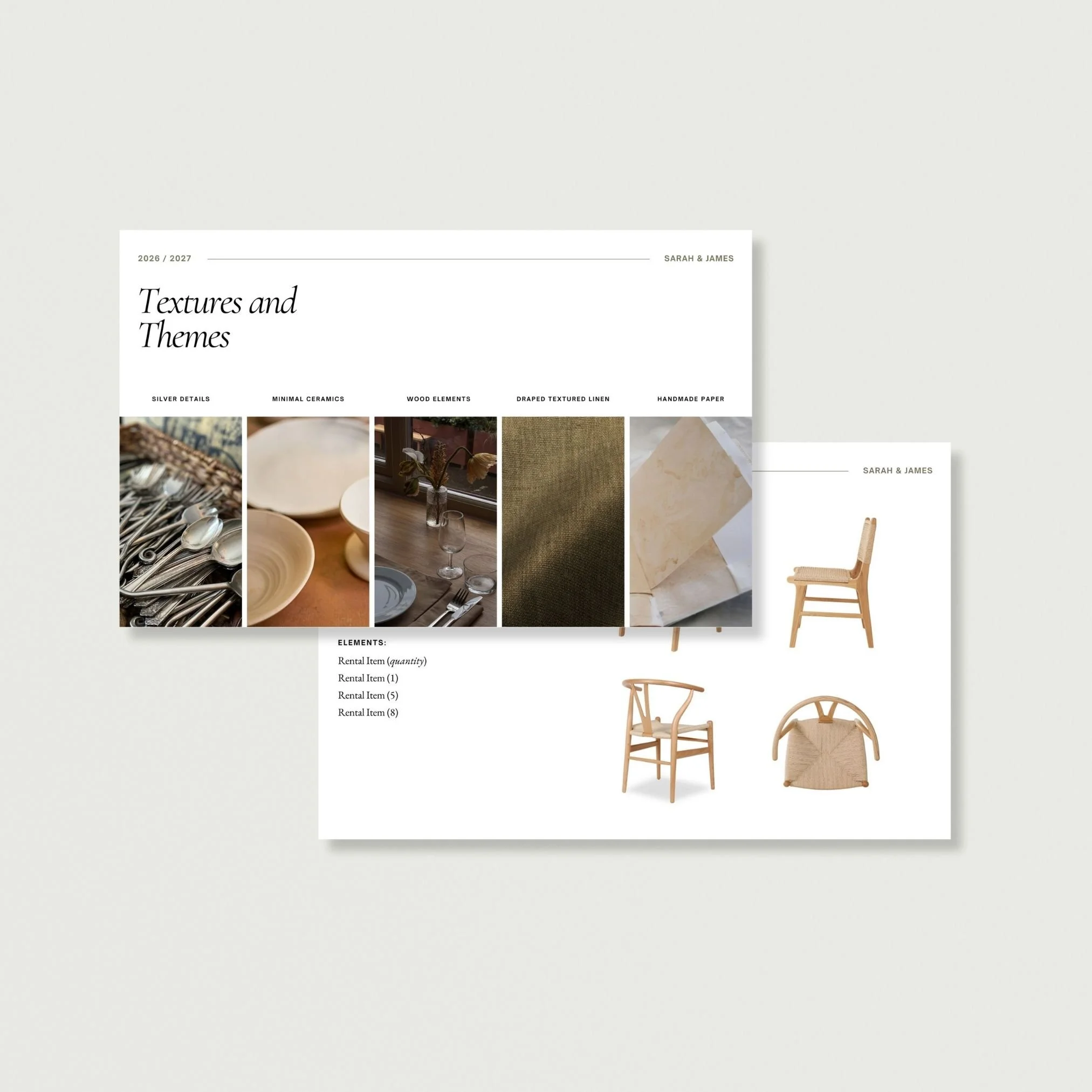 Two overlapping design boards with interior decor samples, including tableware, wood furniture, textured linen, paper, and images of chairs, set against a light background.
