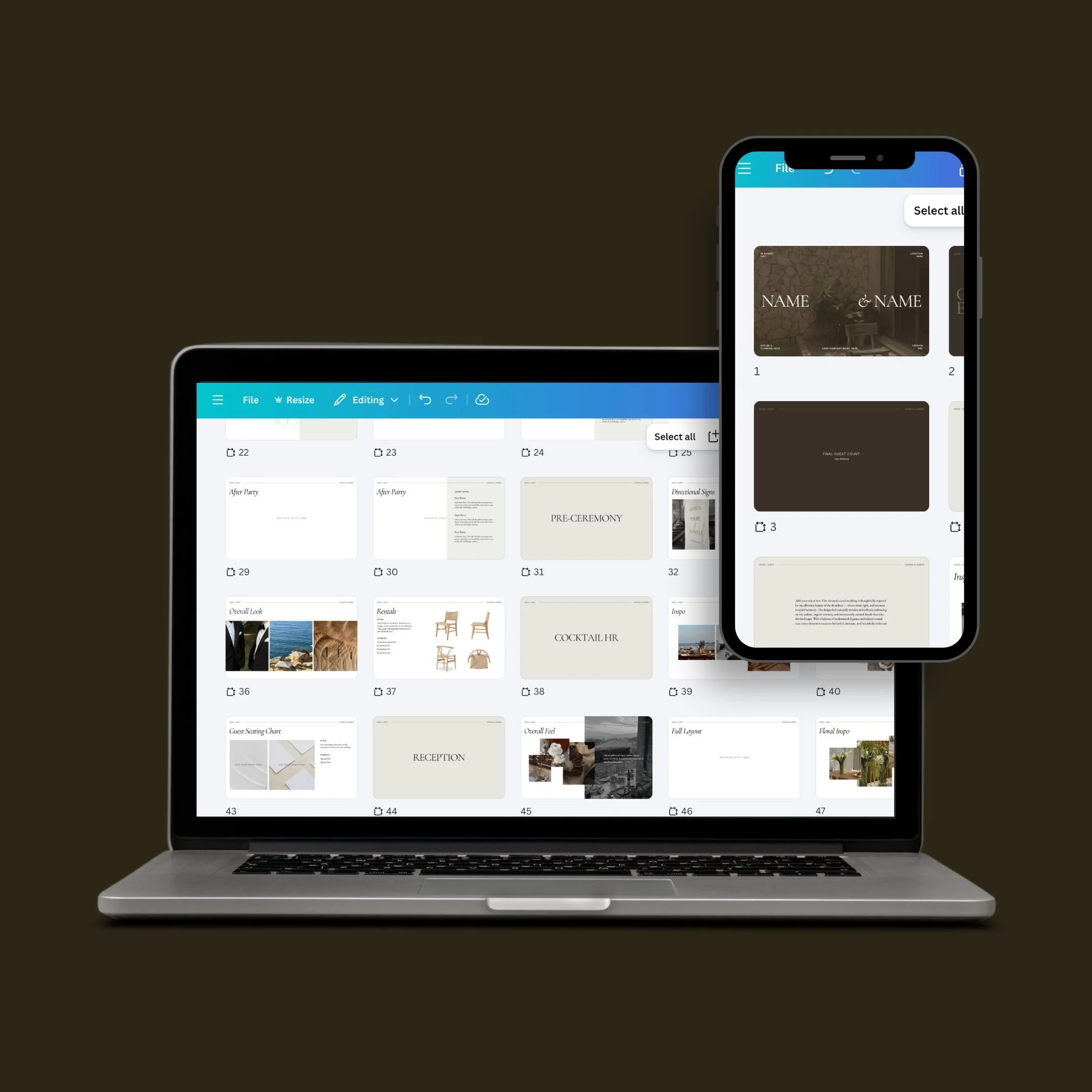 A laptop and a smartphone displaying a digital file organization app with multiple design thumbnails, including wedding and event themes, on a dark background.