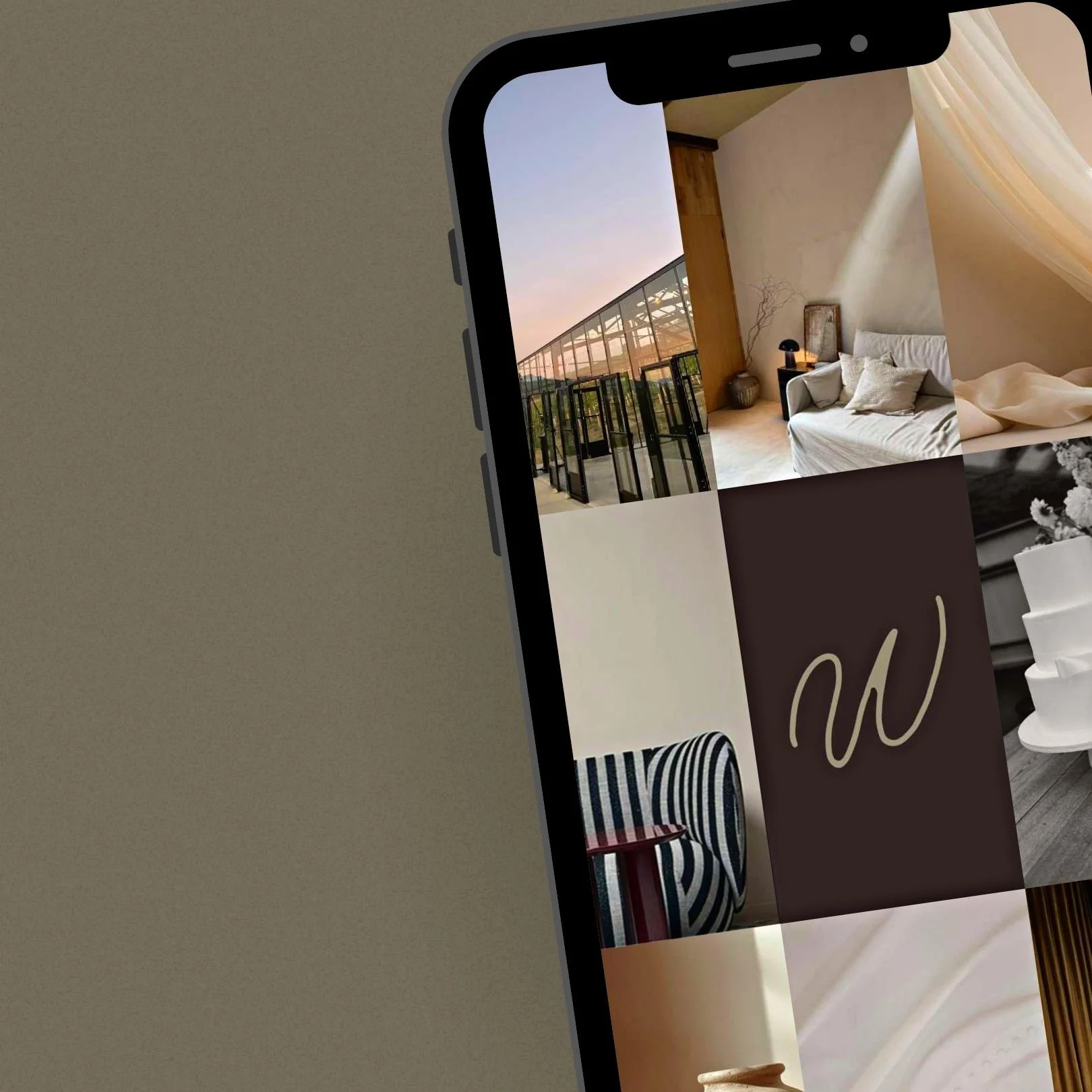 Close-up of a smartphone displaying a collage of interior and exterior modern living spaces with a balcony, sofa, chair, and decorative items.