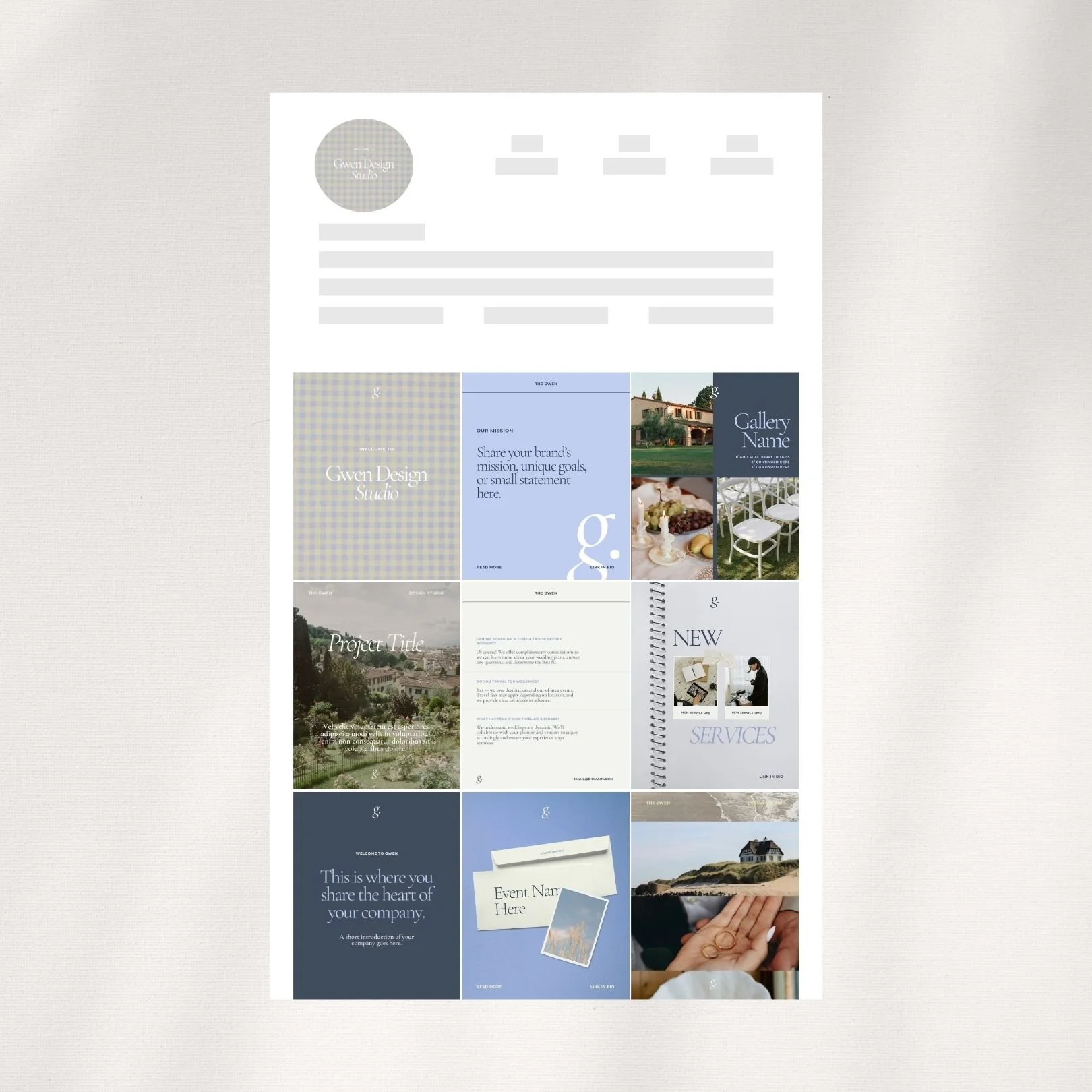 A digital collage of a website homepage for Gwen Design Studio featuring a light gray and blue color theme, with sections for the company's mission, gallery, project title, services, an introductory message, event announcement, and a personal photo of a house on a beach.