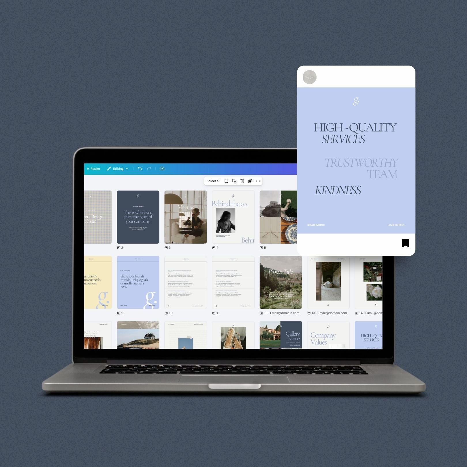 An open laptop displaying a digital design project with photo thumbnails and text layouts. A floating card over the screen reads "High-Quality Services, Trustworthy Team, Kindness."